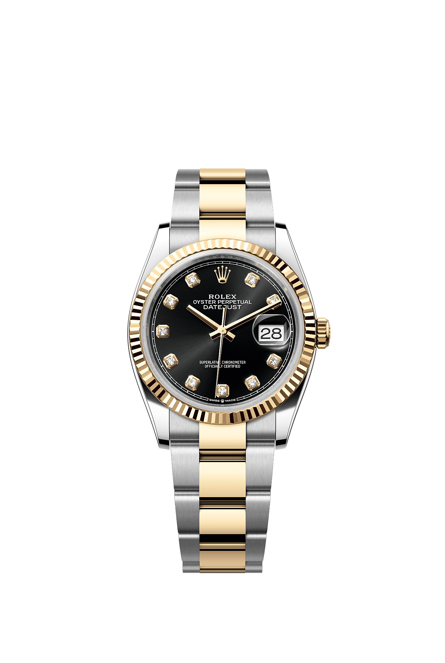 ROLEX DATEJUST 36MM TWO-TONE YELLOW GOLD BLACK DIAMOND DIAL FLUTED BEZEL OYSTER BRACELET 126233
