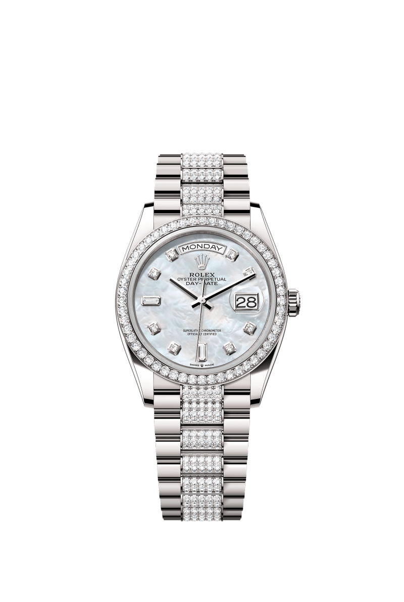 ROLEX DAY-DATE 36MM WHITE GOLD MOTHER OF PEARL DIAMOND DIAL DIAMOND BEZEL DIAMOND-SET PRESIDENT BRACELET 128349RBR