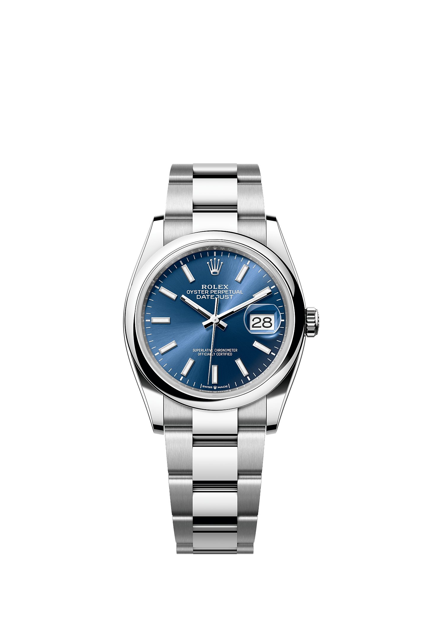 ROLEX DATEJUST 36MM BLUE INDEX DIAL SMOOTH BEZEL OYSTER BRACELET 126200