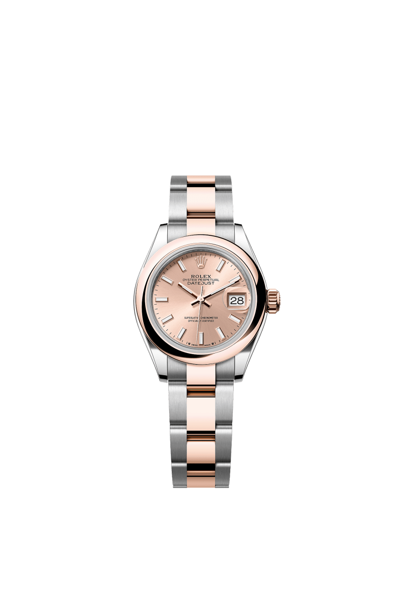 ROLEX LADY-DATEJUST 28MM TWO-TONE EVEROSE GOLD ROSE INDEX DIAL DOMED BEZEL OYSTER BRACELET 279161