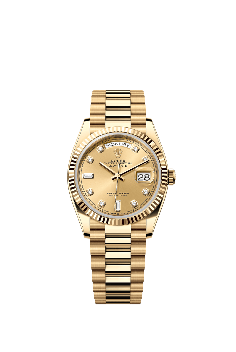 ROLEX DAY-DATE 36MM YELLOW GOLD CHAMPAGNE DIAMOND DIAL FLUTED BEZEL PRESIDENT BRACELET 128238