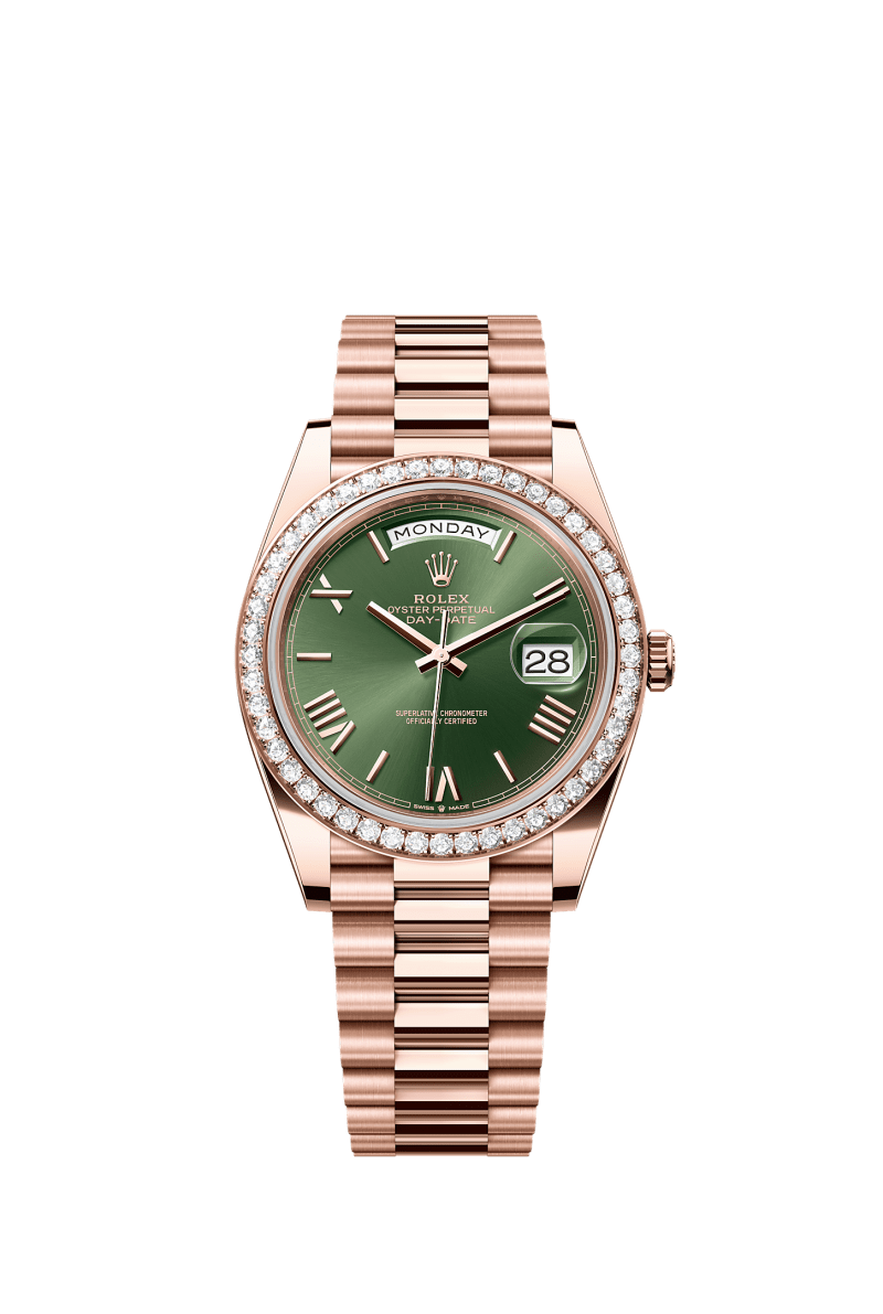 ROLEX DAY-DATE 40MM EVEROSE GOLD OLIVE GREEN ROMAN DIAL DIAMOND BEZEL PRESIDENT BRACELET 228345RBR
