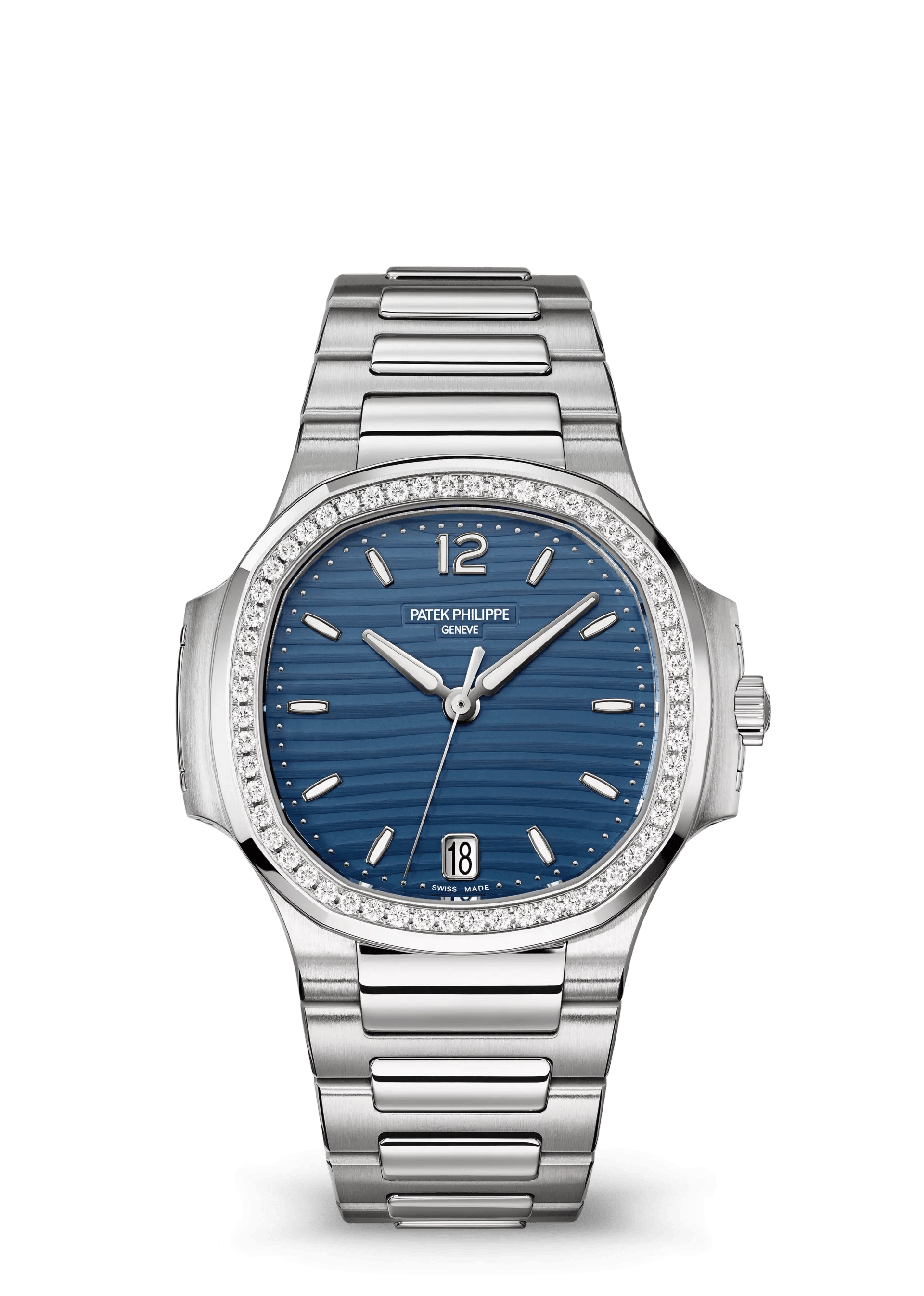 PATEK PHILIPPE NAUTILUS LADIES 35.2MM STEEL BLUE OPALINE DIAL DIAMOND BEZEL – 7118/1200A-001