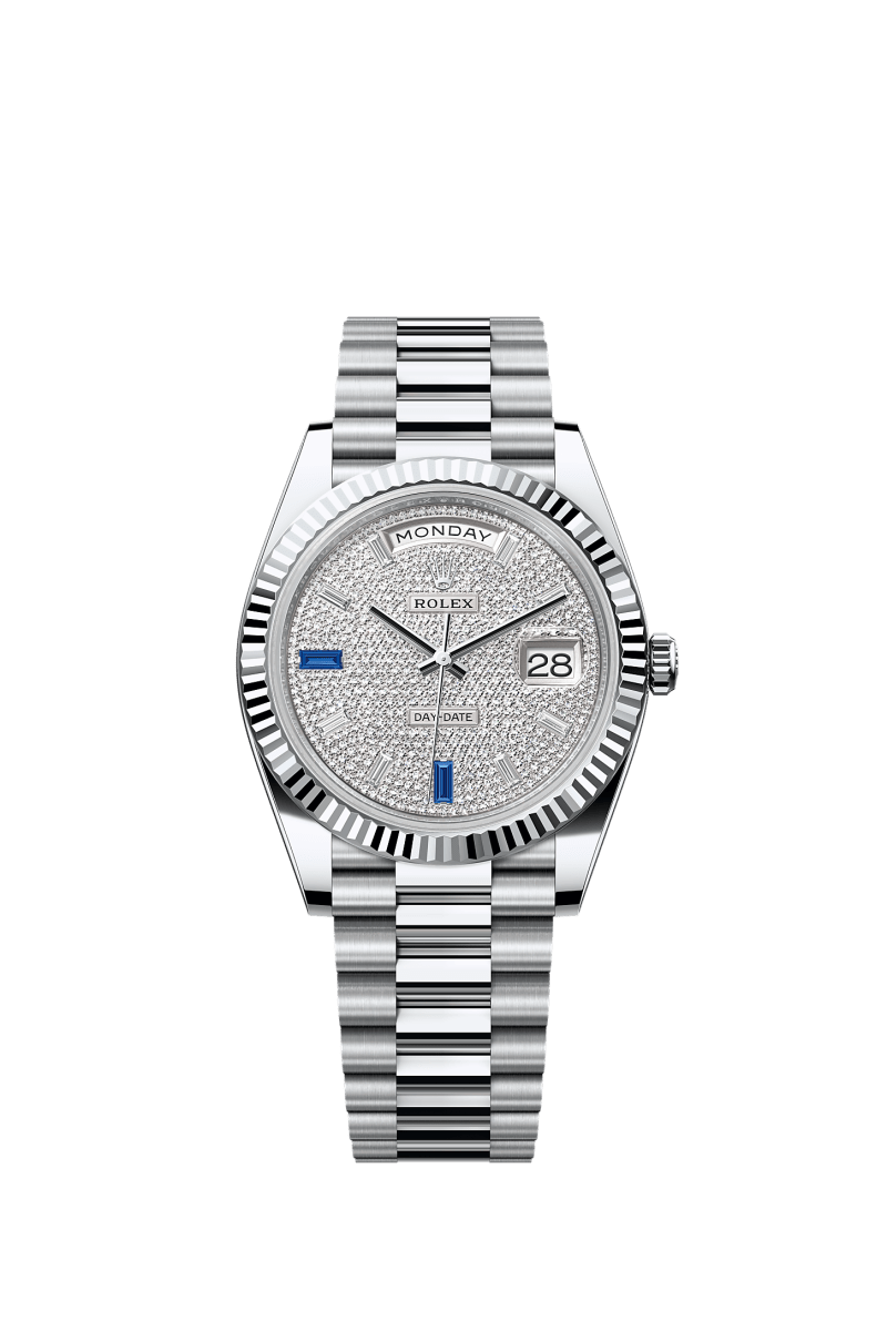 ROLEX DAY-DATE 40MM PLATINUM PAVE DIAMOND SAPPHIRE DIAL FLUTED BEZEL PRESIDENT BRACELET 228236