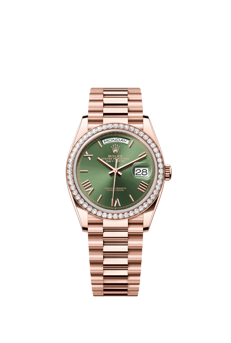 ROLEX DAY-DATE 36MM EVEROSE GOLD OLIVE GREEN ROMAN DIAL DIAMOND BEZEL PRESIDENT BRACELET 128345RBR