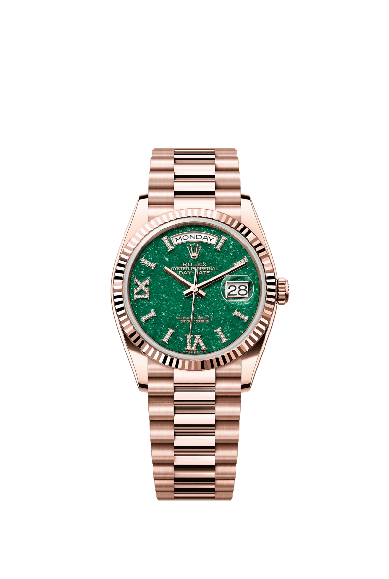 ROLEX DAY-DATE 36MM EVEROSE GOLD GREEN AVENTURINE ROMAN DIAMOND DIAL FLUTED BEZEL PRESIDENT BRACELET 128235