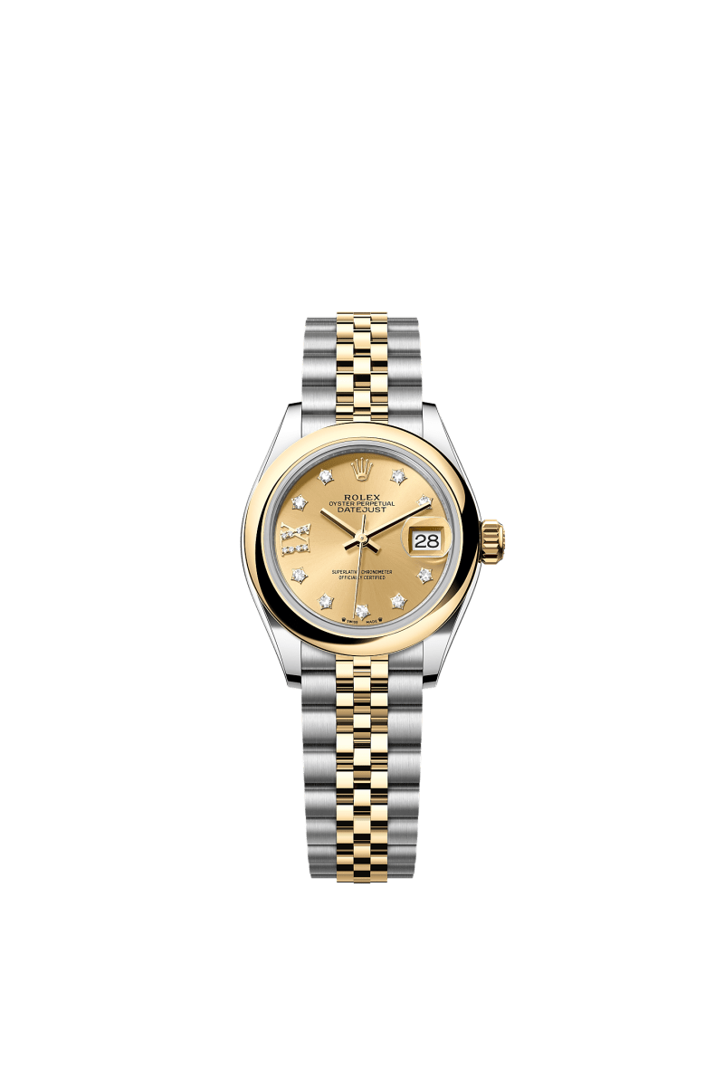 ROLEX LADY-DATEJUST 28MM TWO-TONE YELLOW GOLD CHAMPAGNE STAR DIAMOND DIAL DOMED BEZEL JUBILEE BRACELET 279163