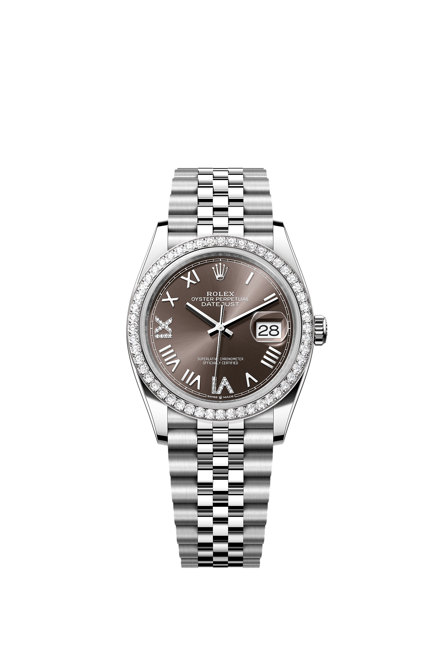 ROLEX DATEJUST 36 ROLEX DARK GREY ROMAN DIAMOND DIAL DIAMOND BEZEL JUBILEE BRACELET 126284RBR