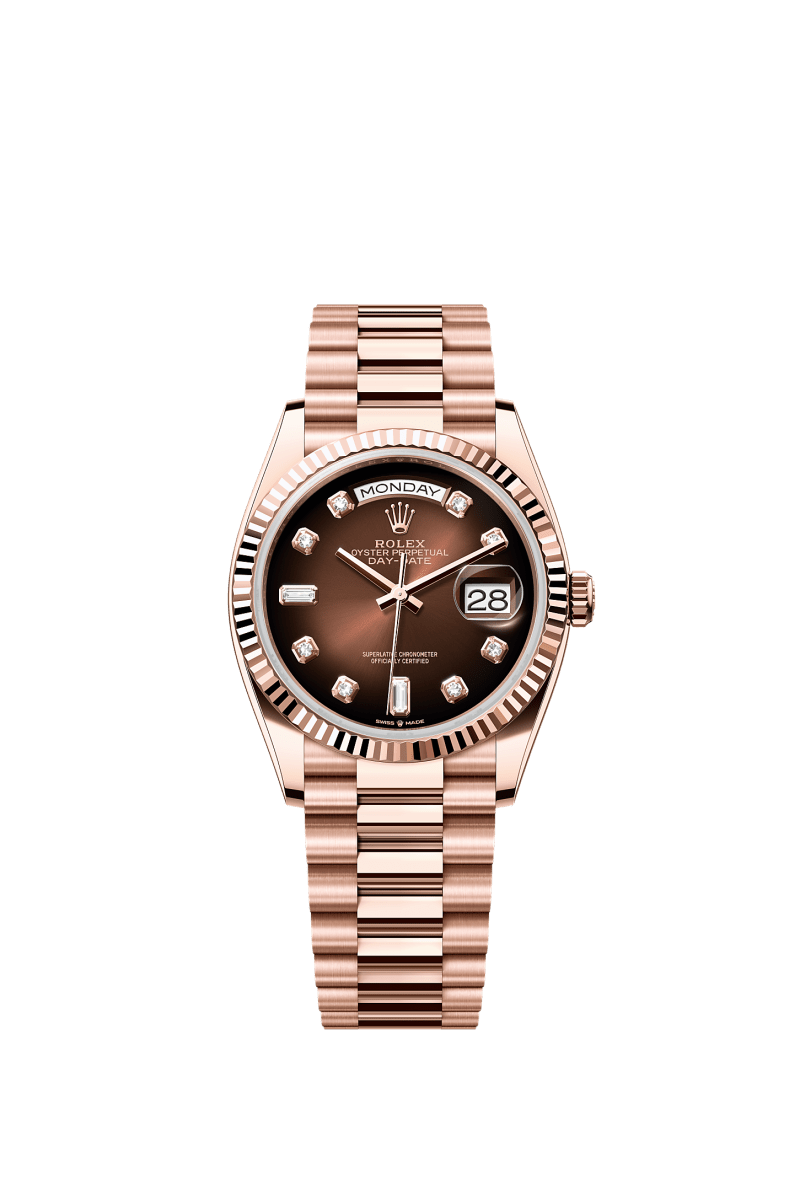 ROLEX DAY-DATE 36MM EVEROSE GOLD BROWN OMBRE DIAMOND DIAL FLUTED BEZEL PRESIDENT BRACELET 128235