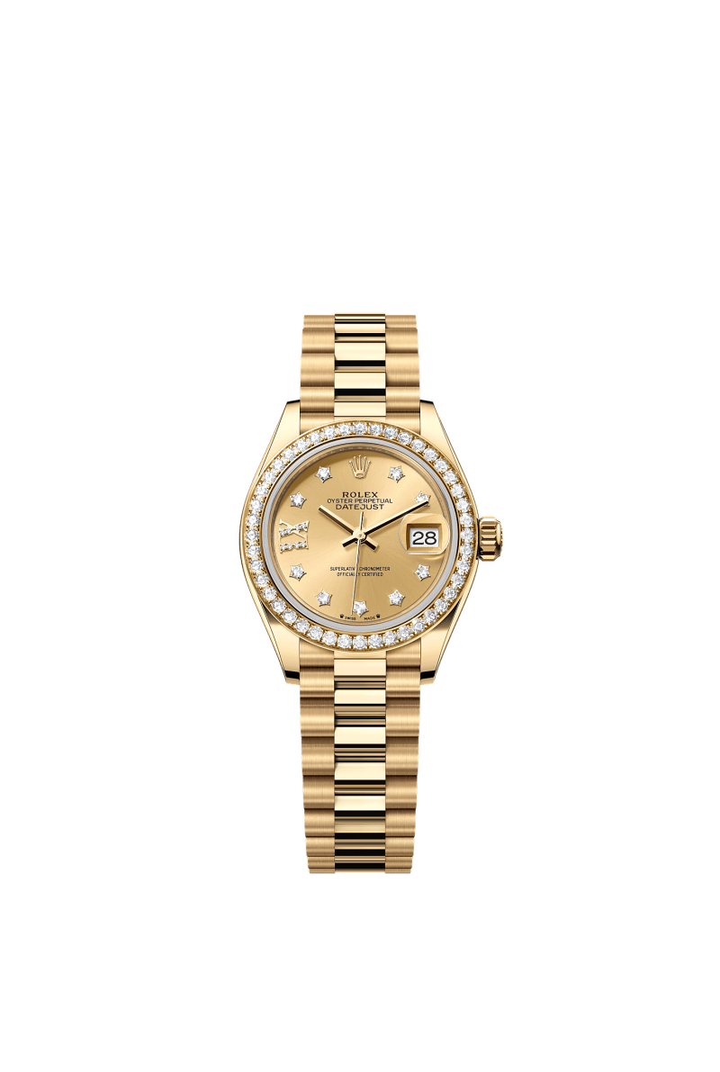 ROLEX LADY-DATEJUST 28MM YELLOW GOLD CHAMPAGNE STAR DIAMOND DIAL DIAMOND-SET BEZEL PRESIDENT BRACELET 279138RBR