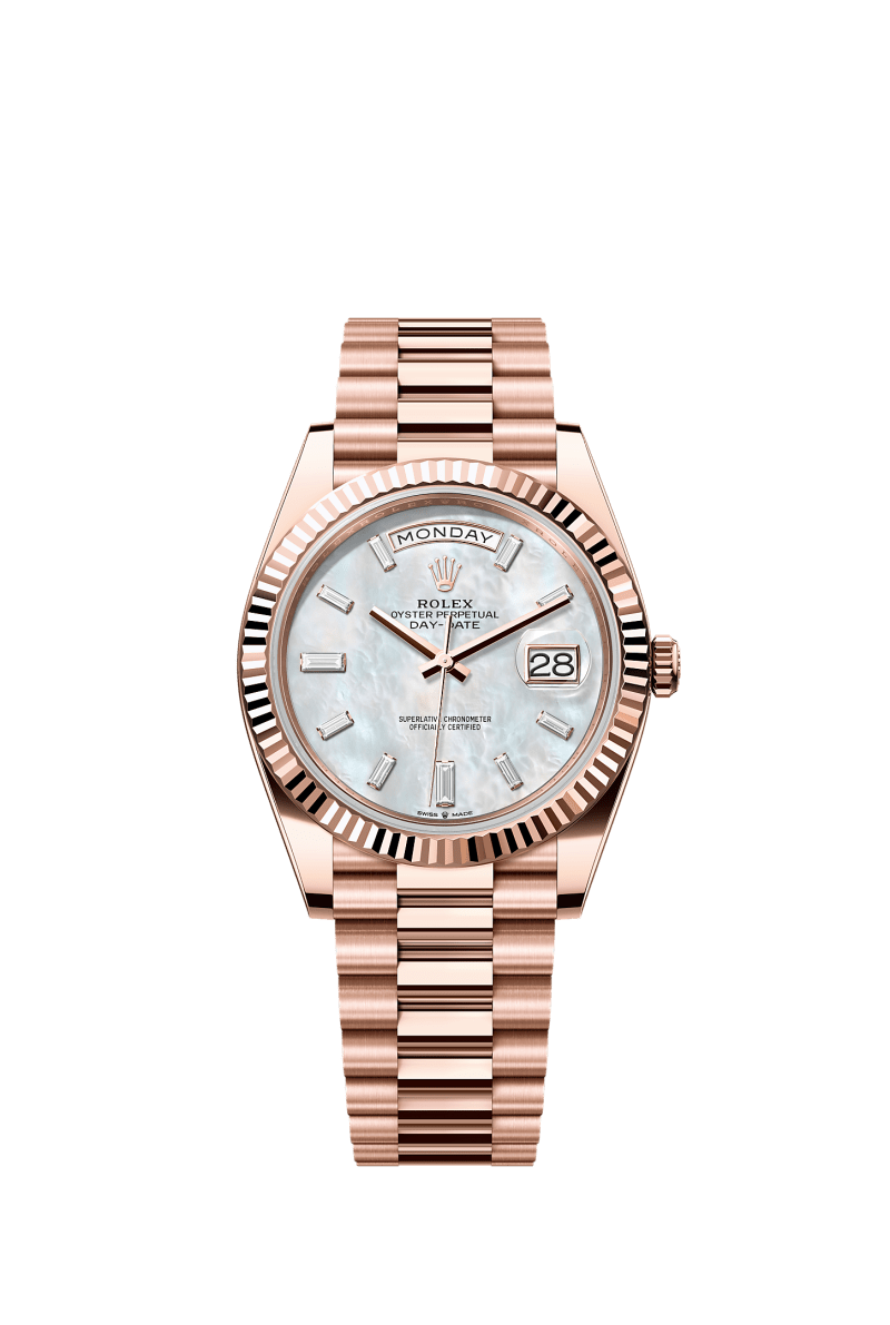 ROLEX DAY-DATE 40MM EVEROSE GOLD MOTHER OF PEARL DIAMOND BAGUETTE DIAL FLUTED BEZEL PRESIDENT BRACELET 228235