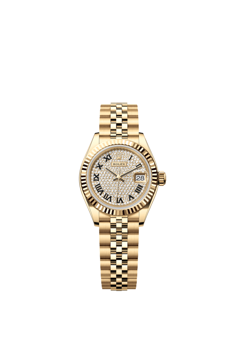 ROLEX LADY-DATEJUST 28MM YELLOW GOLD CHAMPAGNE DIAMOND-PAVED DIAL FLUTED BEZEL JUBILEE BRACELET 279178