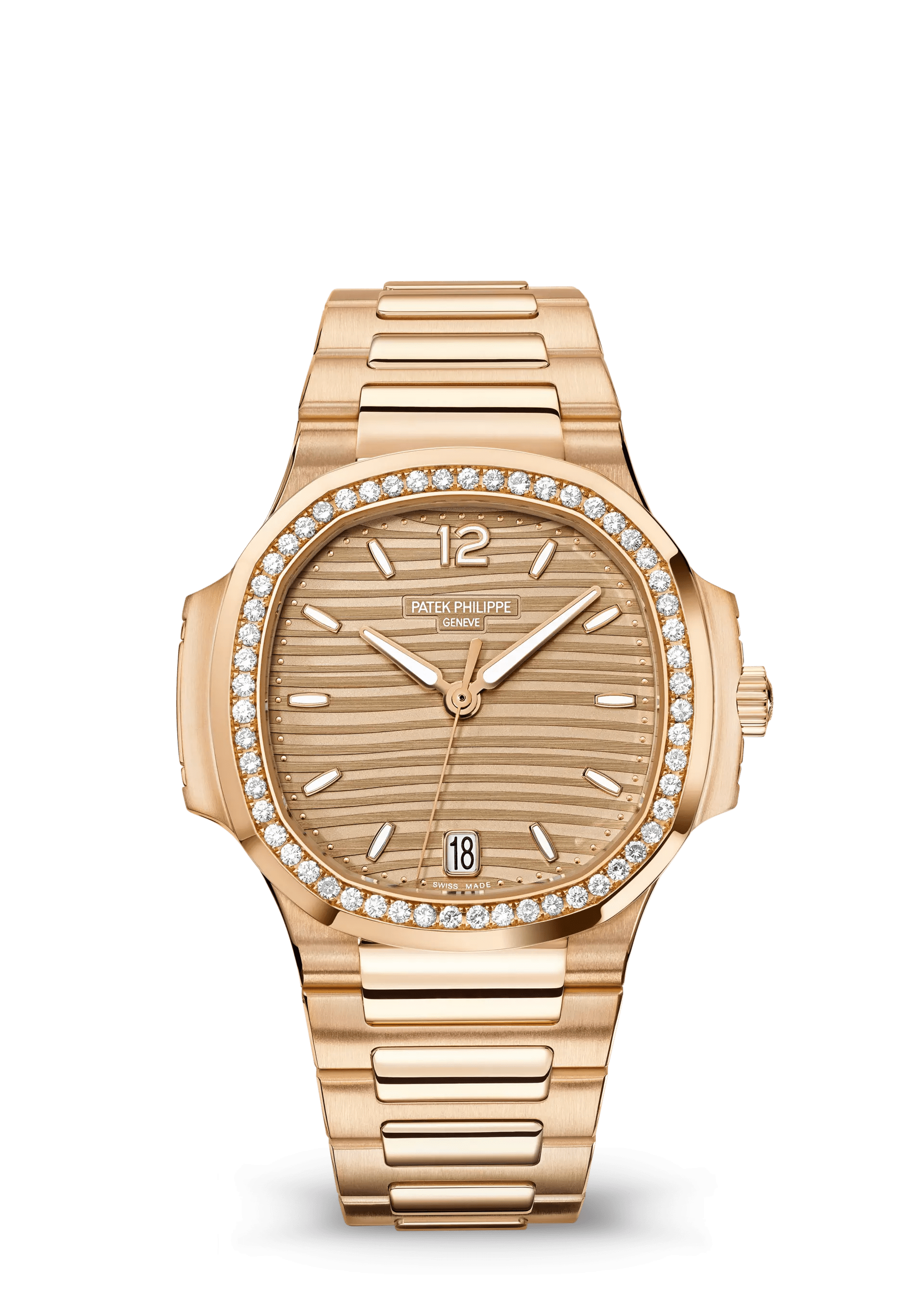 PATEK PHILIPPE NAUTILUS LADIES 35.2MM ROSE GOLD GOLDEN BROWN DIAL DIAMOND BEZEL – 7118/1200R-010