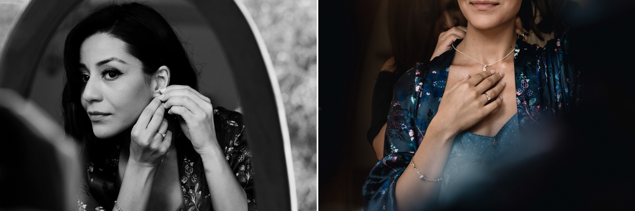  Bride puts on her ear ring and necklace. 