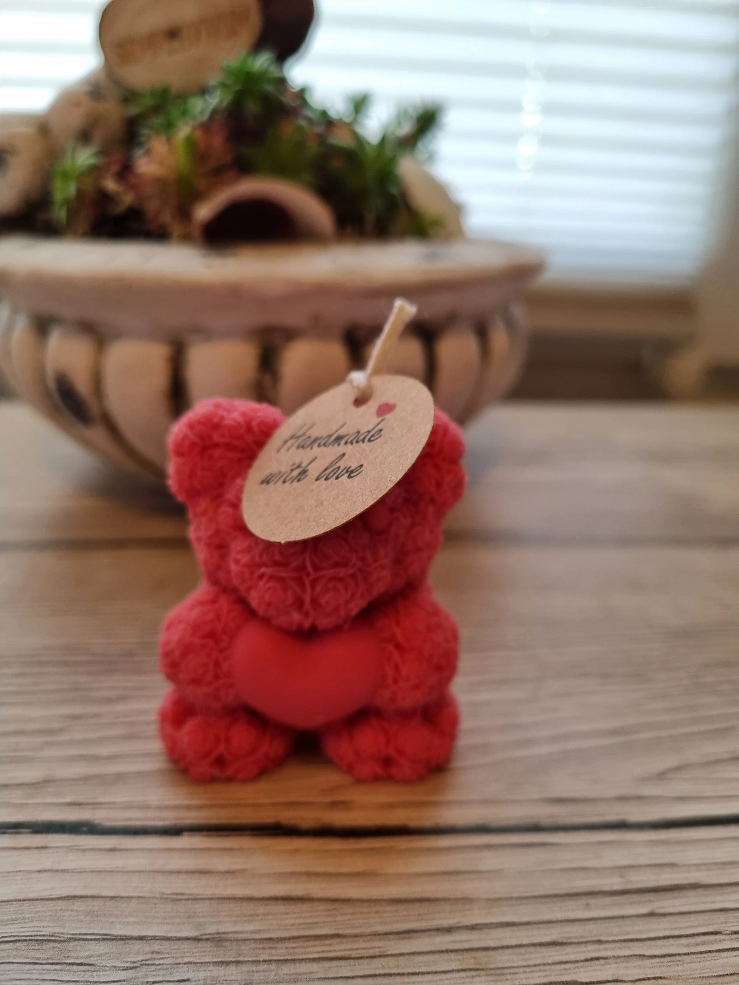 Handgefertigte Kerze Rosenbär Mini aus Bio Sojawachs vegan ohne Paraffin