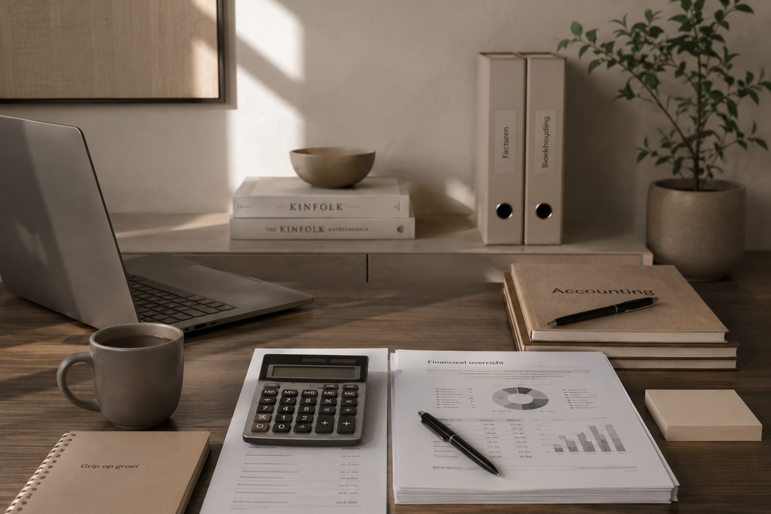 Een kantoorwerkplek met een laptop, een mok, een calculator, documenten, een pennen, een notitieboekje, en planken met boeken en mappen, met natuurlijk licht dat binnenvalt.