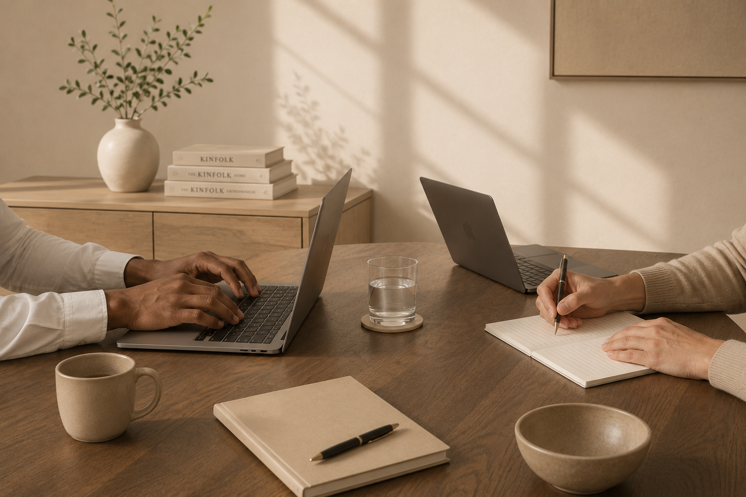 Twee mensen werken aan laptops aan een houten tafel, met notitieboek, pen, kopje koffie, en glas water. Op de achtergrond staan boeken en een vaas met planten.
