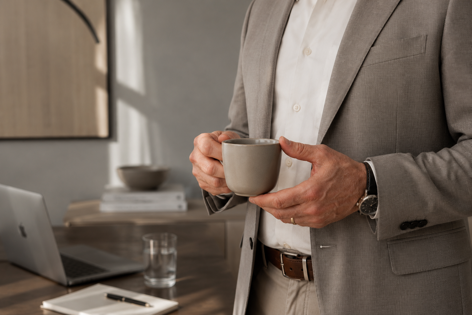 Man in zakelijke outfit die een kop koffie vasthoudt in een kantoor met laptop en notitieboekje op de tafel.