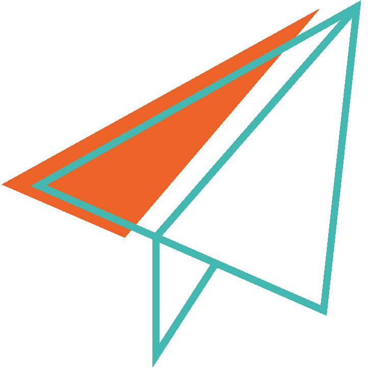 Grafische illustratie van een papieren vliegtuig en geometrische vormen in blauw en oranje op een zwarte achtergrond.