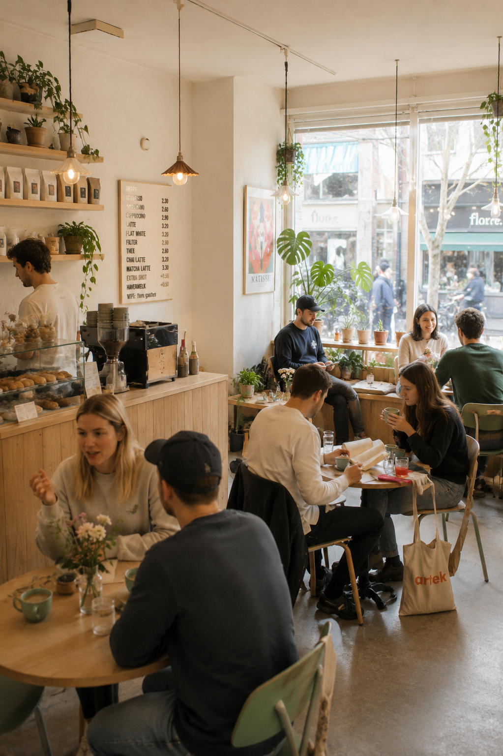 Een gezellige koffiebar met mensen die genieten van hun drankjes. Het interieur heeft groene planten en houten meubels, met grote ramen die natuurlijk licht binnenlaten.