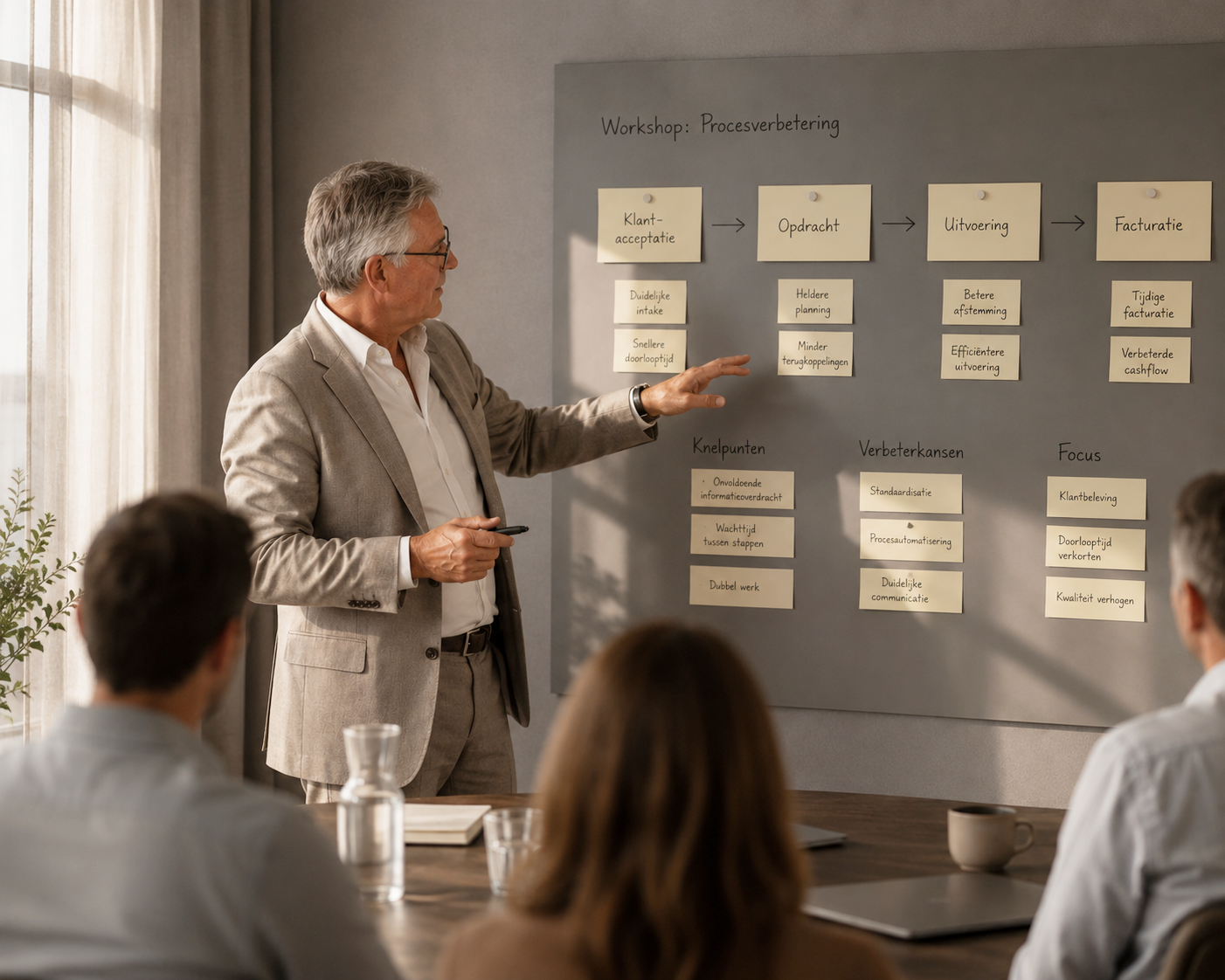 Man in grijs pak geeft presentatie aan groep mensen in vergaderzaal, met een whiteboard met post-its over procesverbetering.