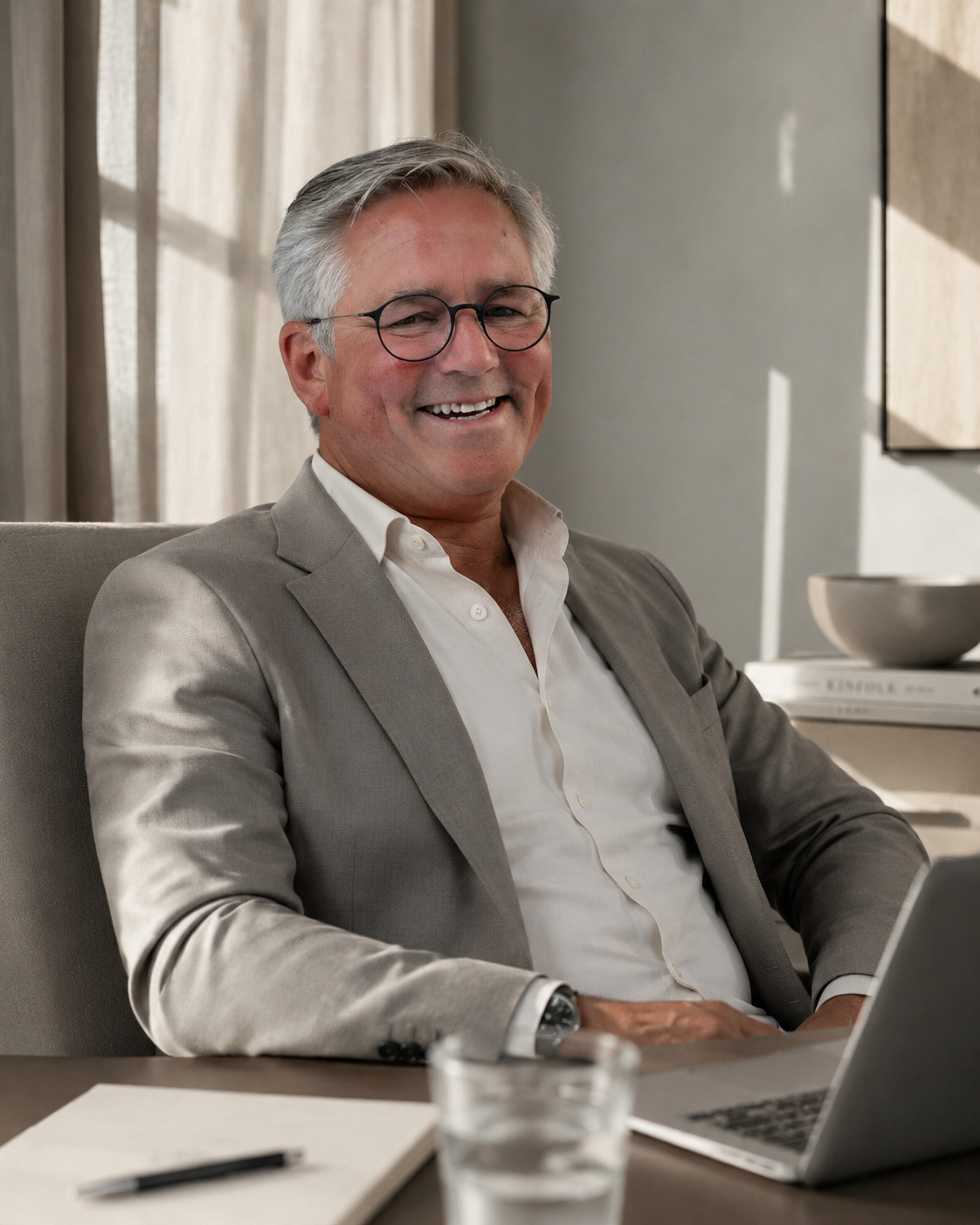 Man in grijs pak en witte overhemd zit aan een bureau met een laptop, glimlacht.