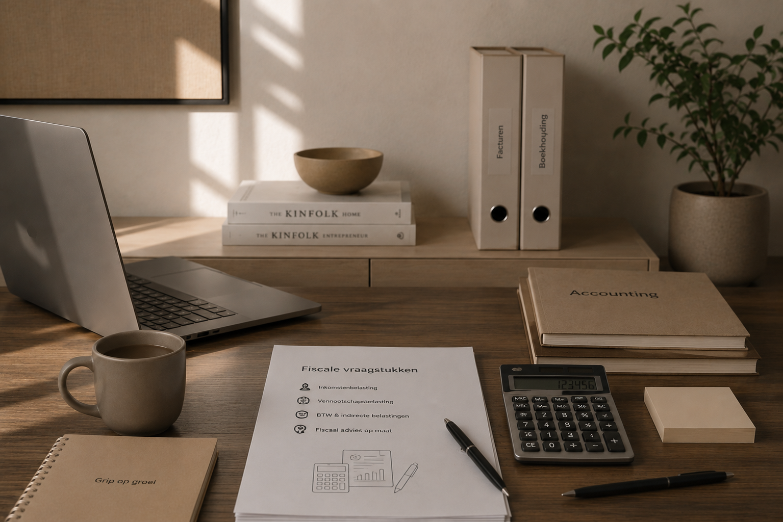 Een kantoorwerkplek met een open laptop, een mok koffie, een nietje, een pen, een calculator, een document met de titel 'Fiscale vraagstukken', een notitieboekje, enkele stapel post-its, een boek met de titel 'Accounting', en enkele ringmappen op een houten bureau. Op de achtergrond een kast met binders en een plant.
