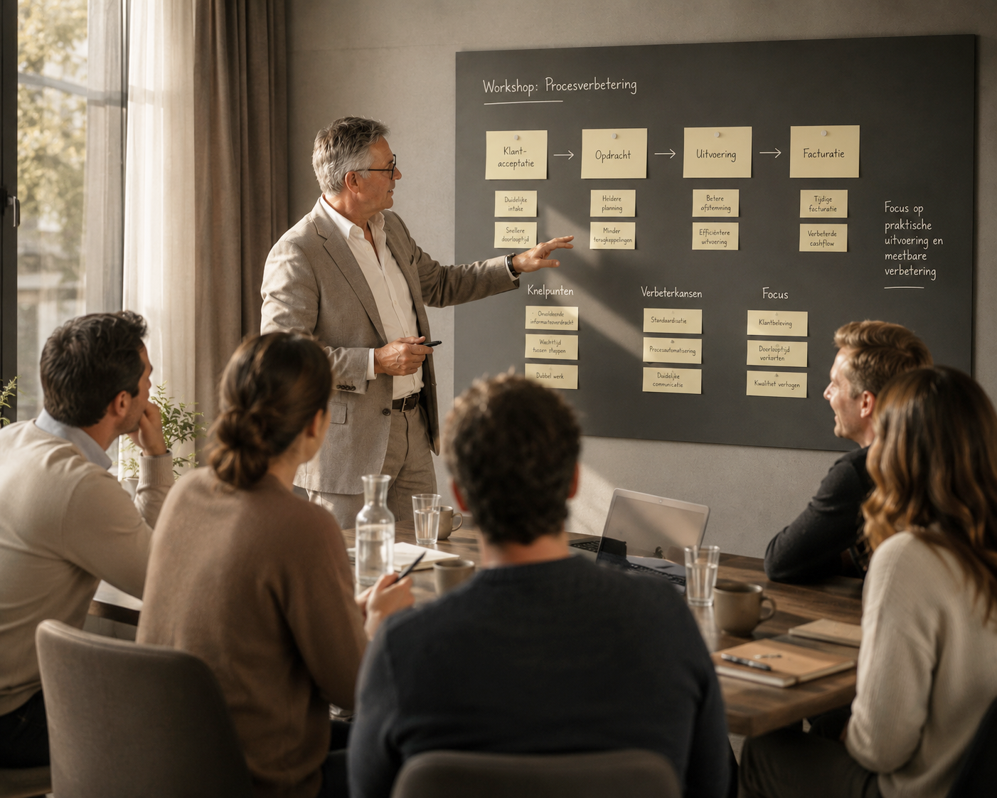 Een man geeft een presentatie aan een groep mensen in een vergaderruimte. Op het zwarte bord staan diagrammen en tekst over procesverbetering.