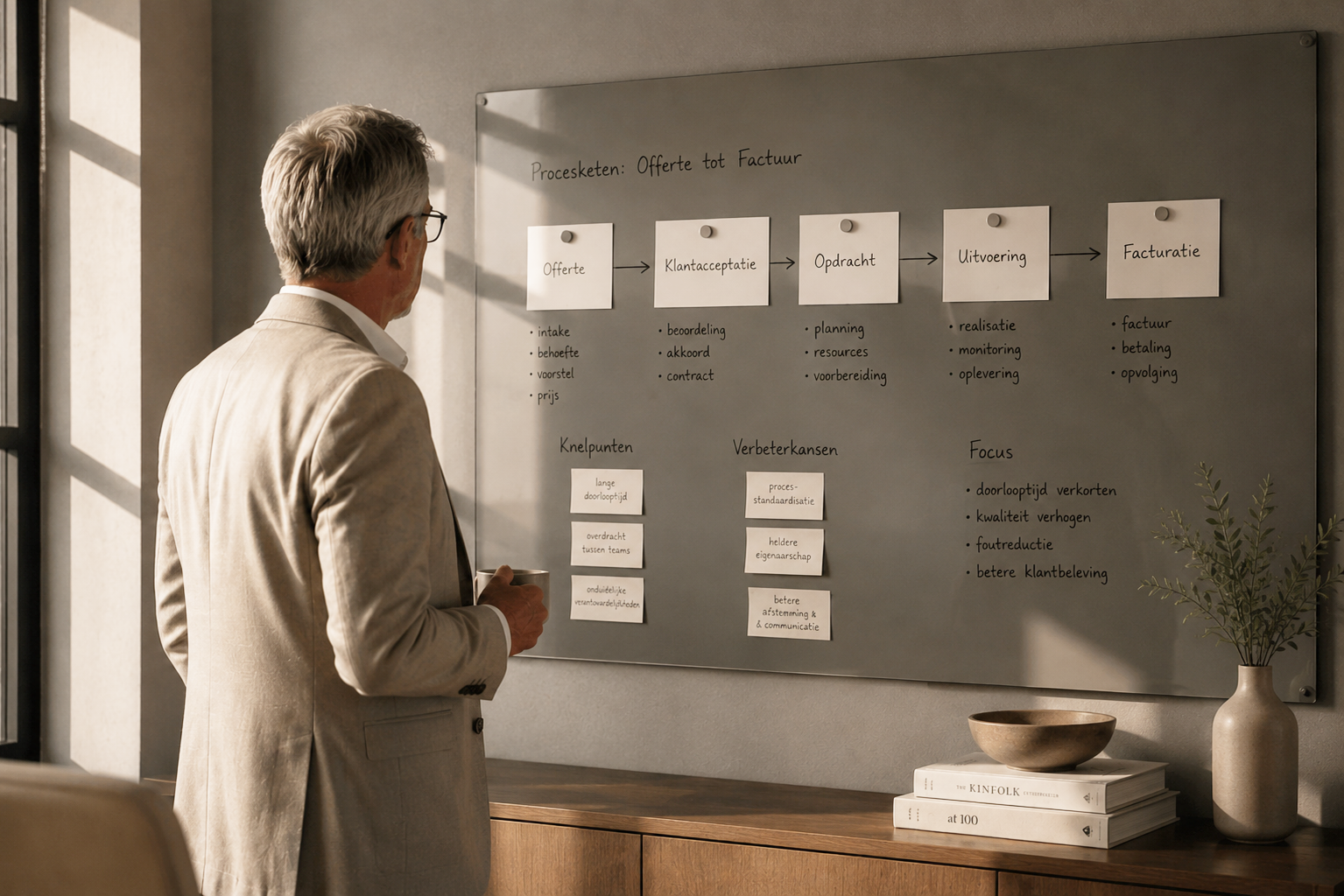 Man bekijkt een whiteboard met een procesketen diagram en notities.
