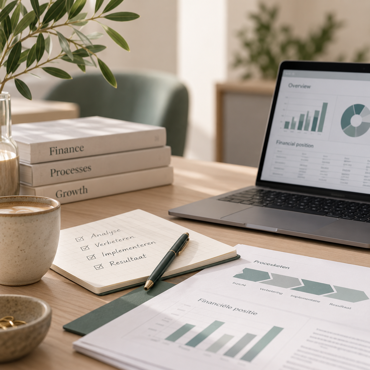 Bureau met financiële rapporten, notitieboekje met controlelijst, boeken over financiën, een laptop met grafieken, een pen, een koffiekopje, een plant, en een glas met water.