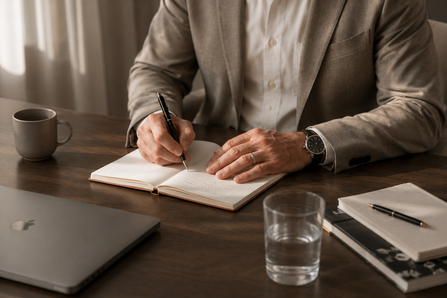 Man in een grijze jas en witte overhemd schrijft in een notitieboekje op een houten bureau, met een kop koffie, glas water, een laptop, pennen en notebooks op tafel.