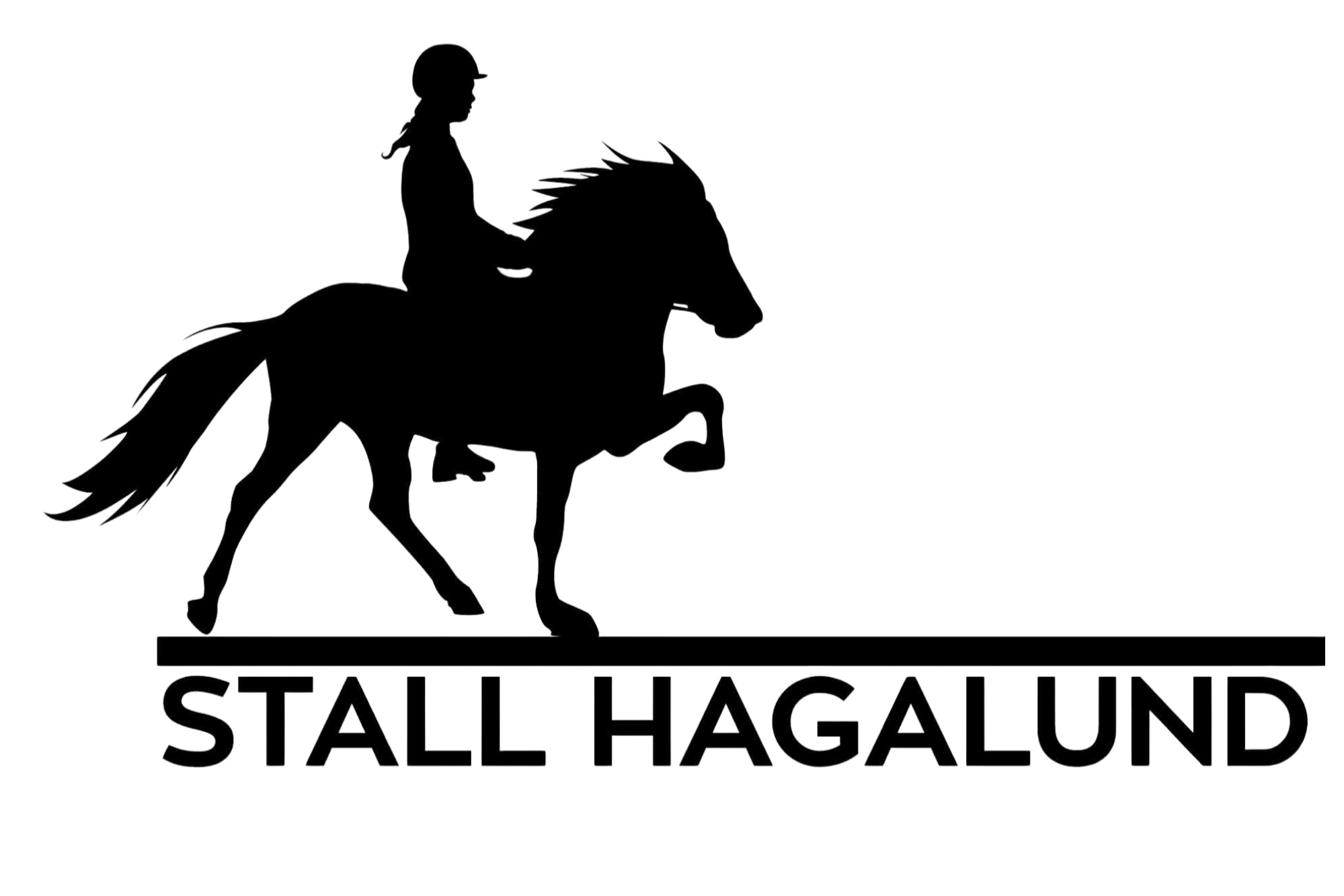 Henkilö ratsastamassa hevosen selässä, logo, jossa hevosen ja ratsastajan siluetti, sekä teksti 'STALL HAGALUND.