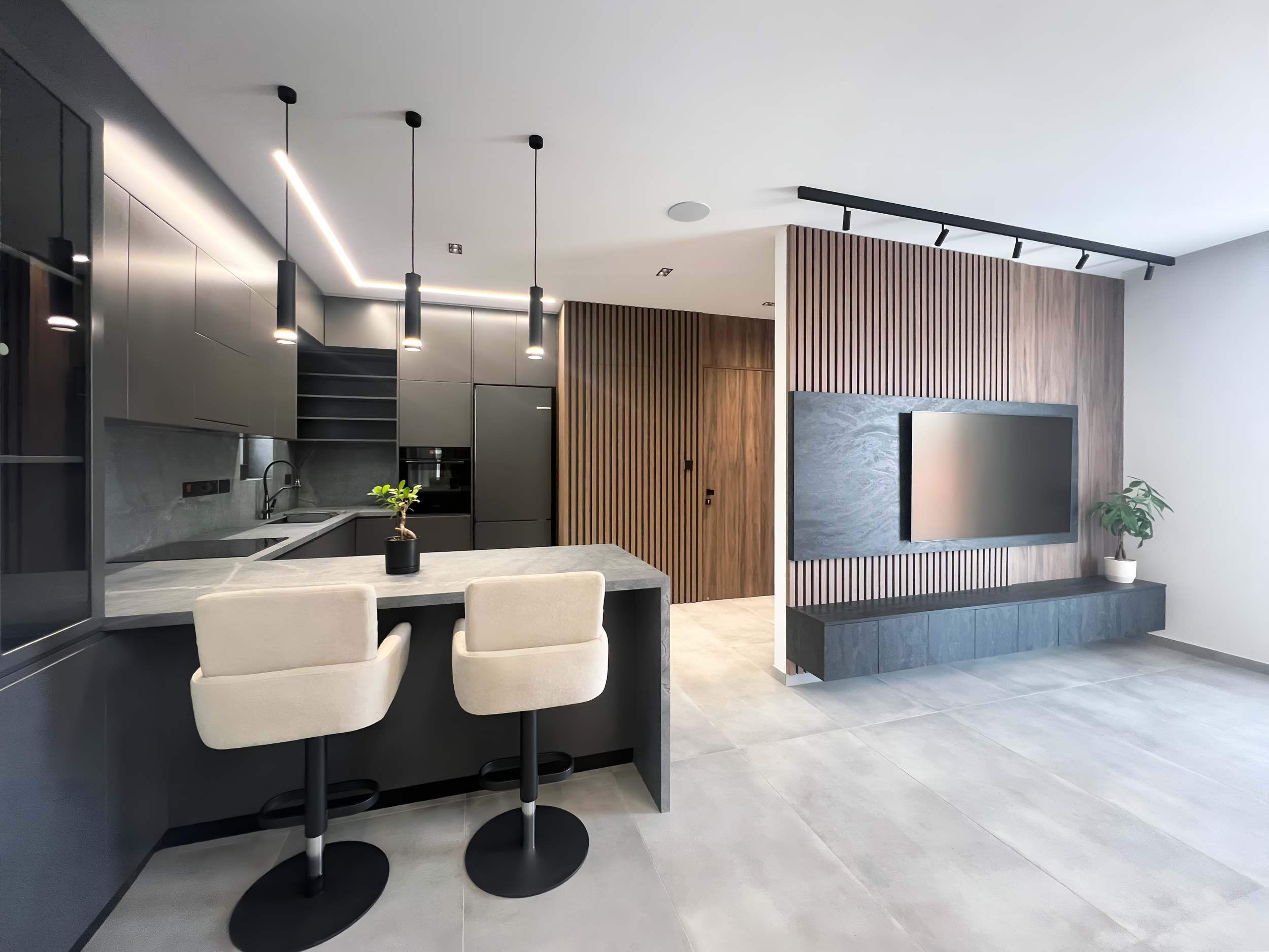 Modern kitchen and living room area with black pendant lighting, a gray and wood-paneled wall, and a television mounted on a gray textured wall with a potted plant nearby.