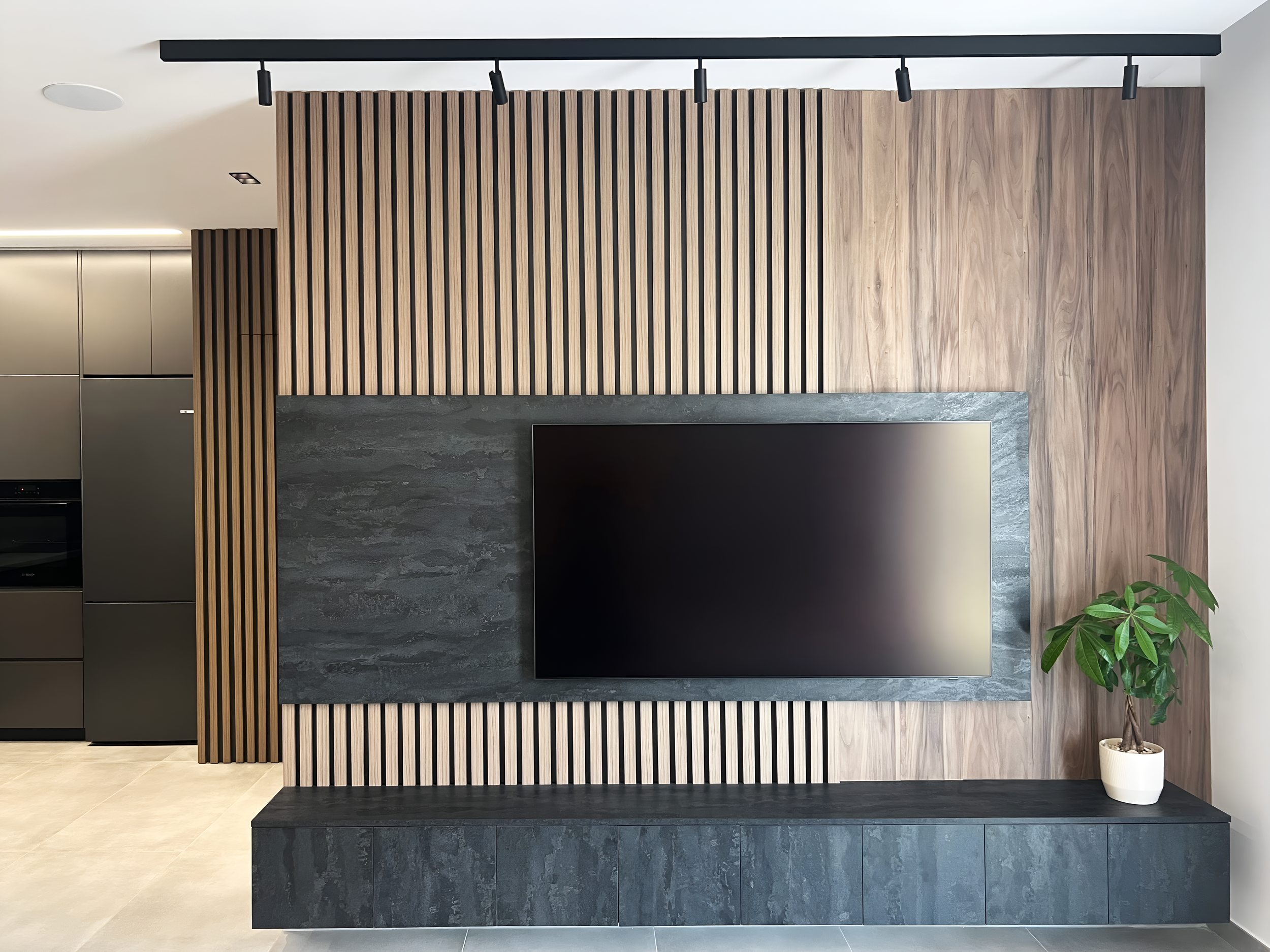 Modern living room featuring a flat-screen TV on a wooden slat wall and a potted houseplant.