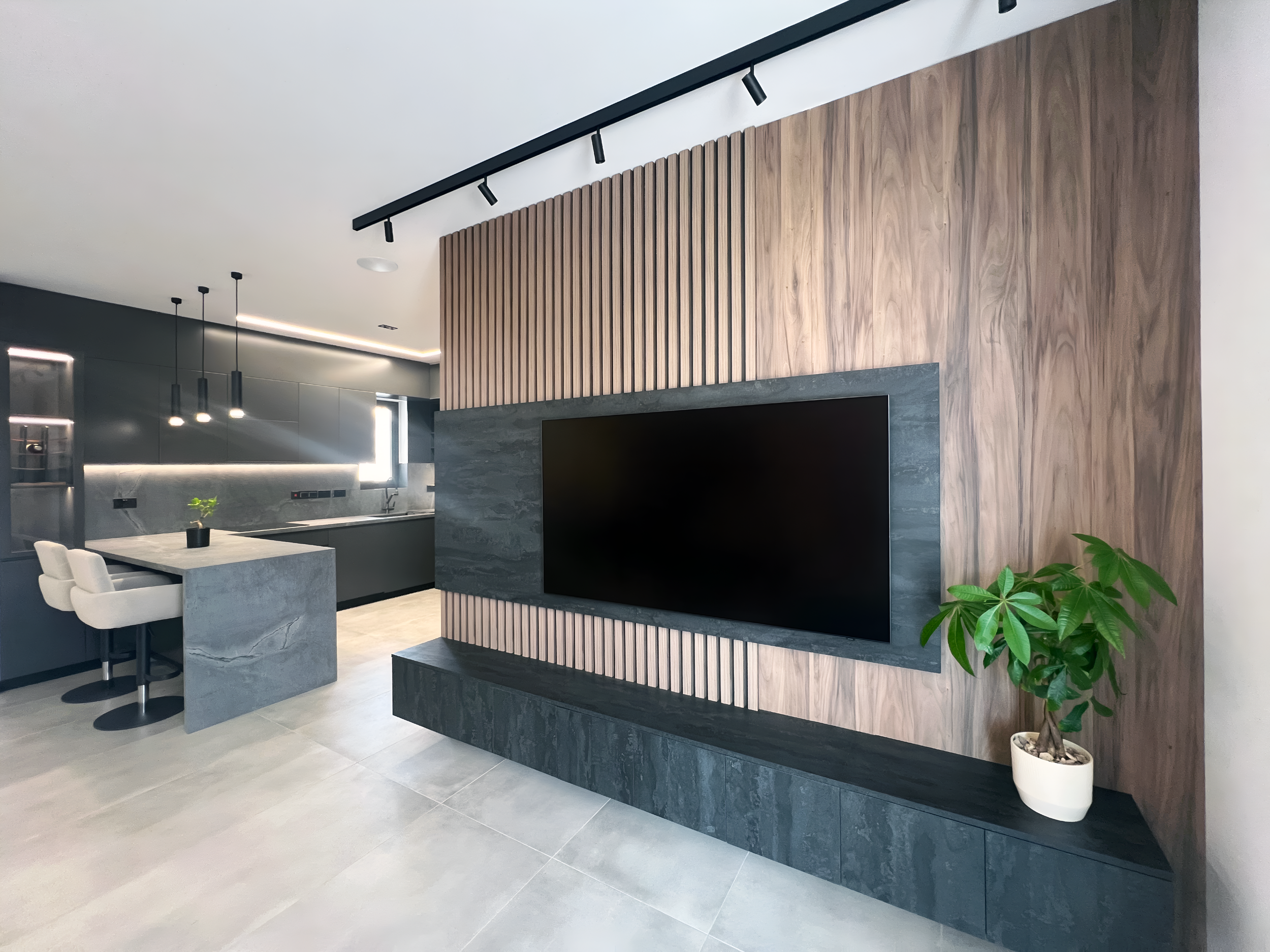 Modern kitchen and living room with gray and wood accents, black track lighting, hanging pendant lights, and houseplants.