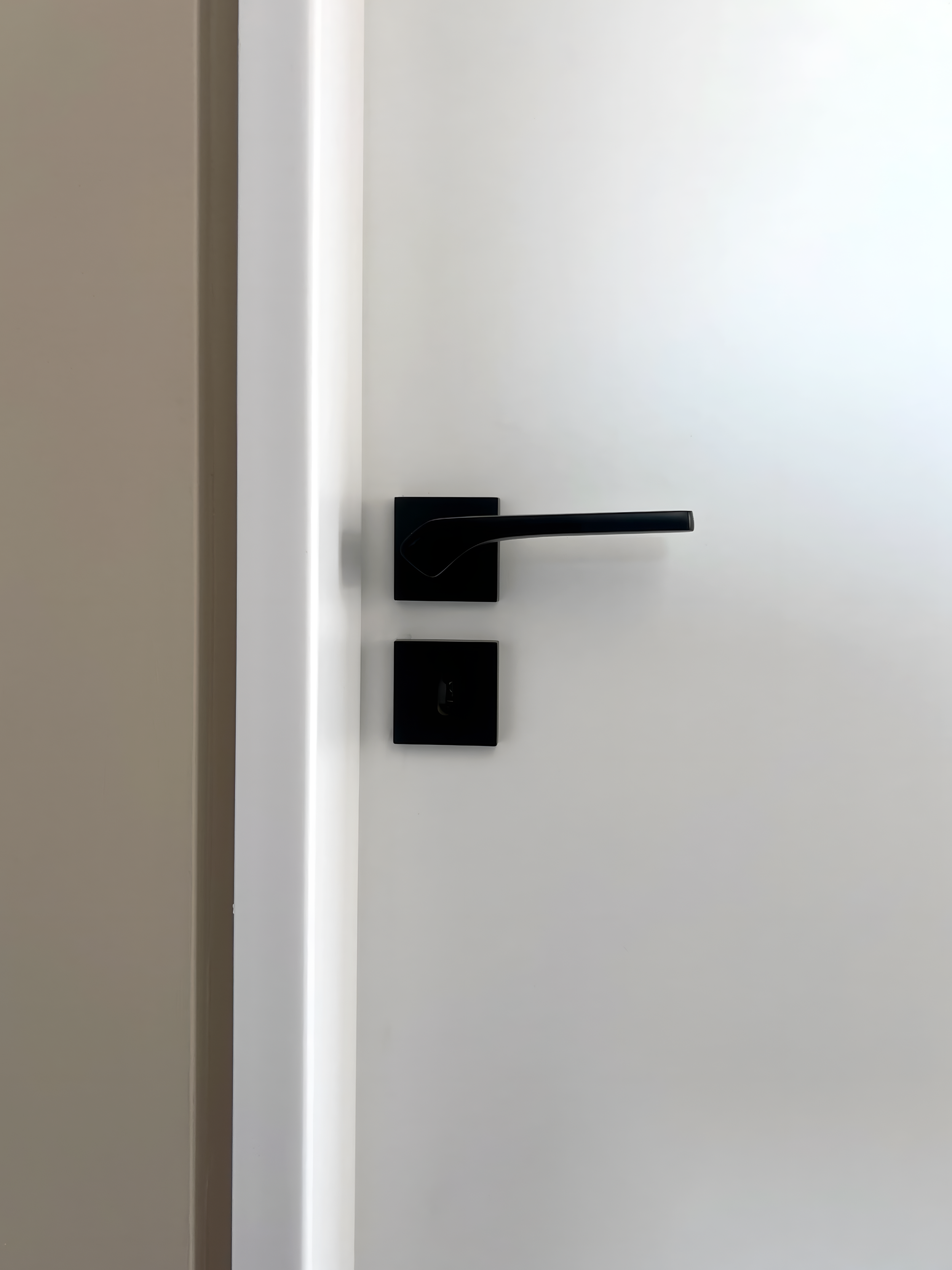 Black door handle and a black switch on a white wall