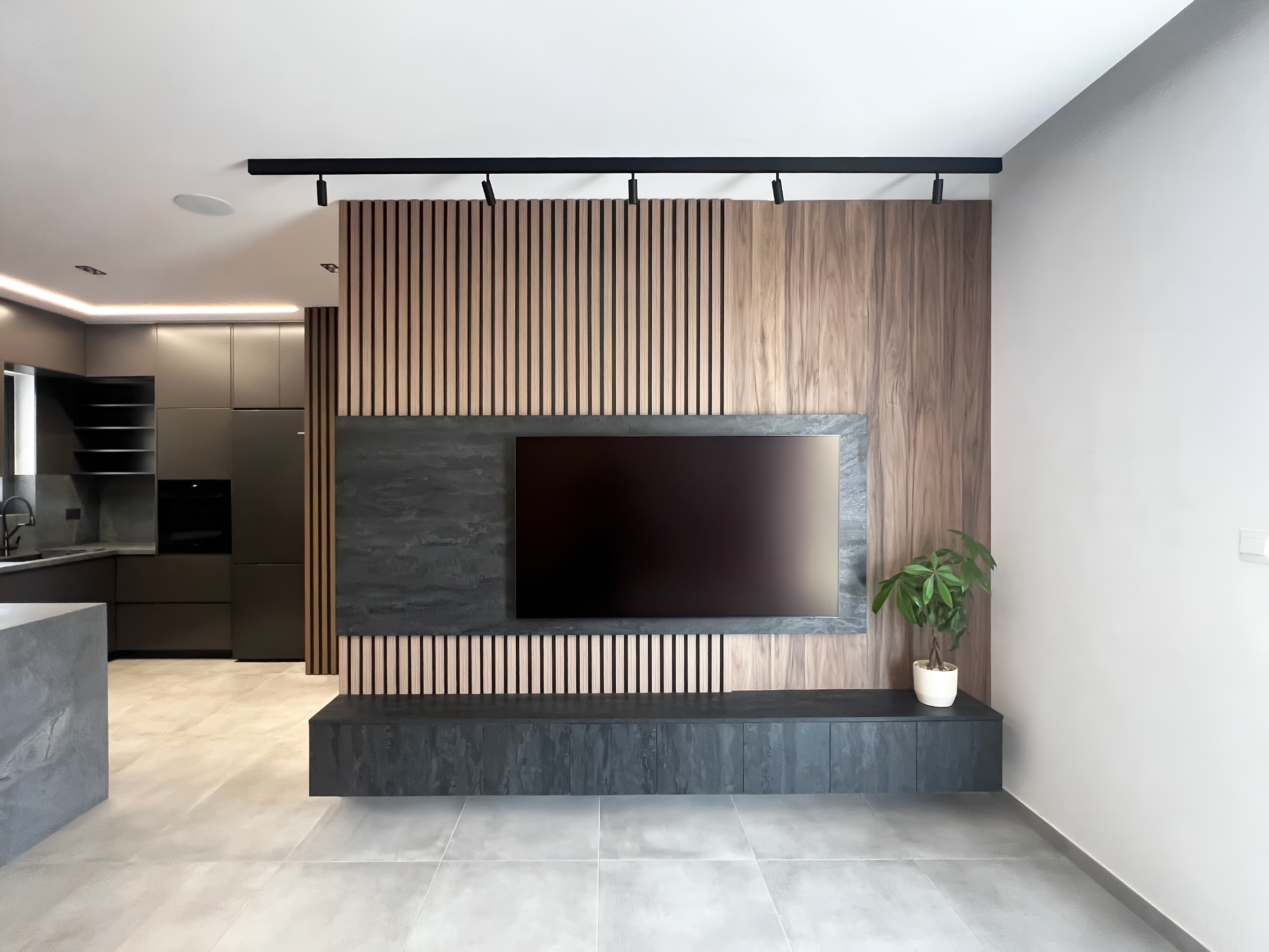 Interior room with modern design, wood paneling on the wall, potted plant in white pot, and ceiling track lighting.
