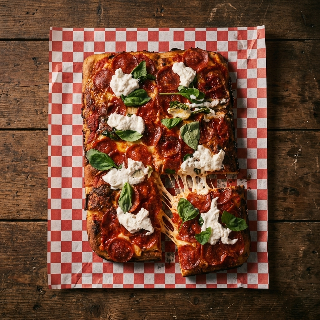 A slice of pepperoni pizza topped with mozzarella cheese and fresh basil leaves on red and white checkered paper on a wooden table.