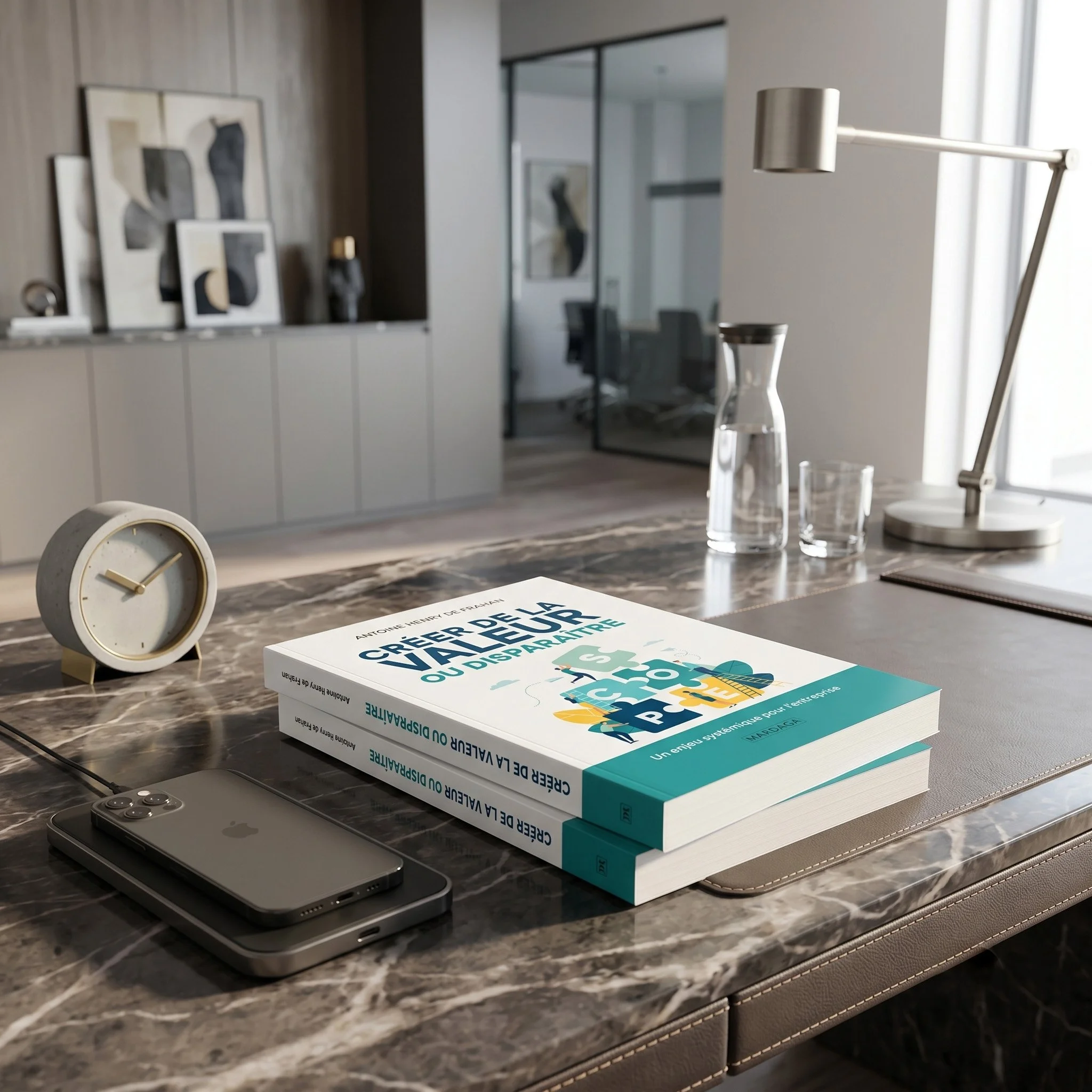 A marble countertop with a white clock, a book titled 'Creer de la nature ou disparaitre,' a laptop, a glass of water, and a modern silver desk lamp in a well-lit room with abstract art on the wall and a glass door leading to an office area.