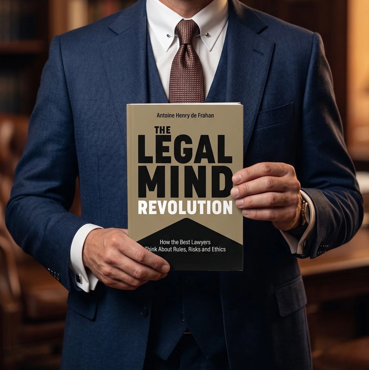 Man in a blue suit holding a book titled "The Legal Mind Revolution" with a subtitle about lawyers, rules, risks, and ethics, in a library setting.