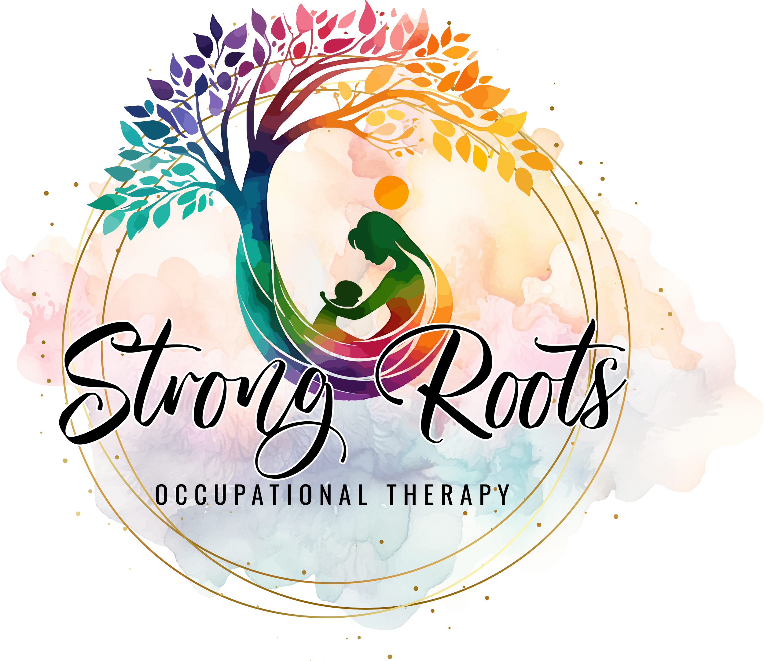 Strong Roots OT logo with a rainbow assortment of colors and in the center a mom and child silhouette
