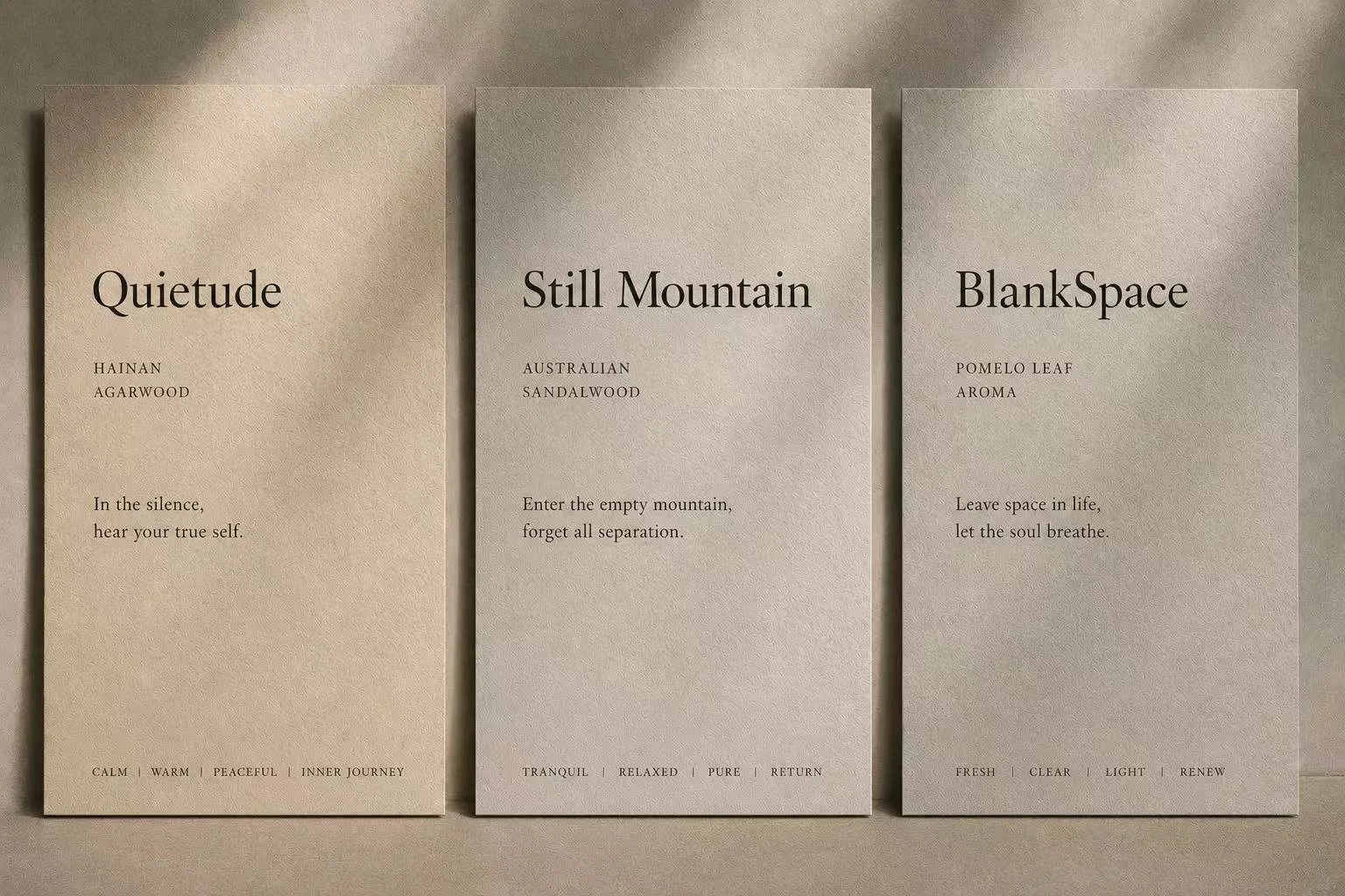 Three vertical cards with different titles and descriptions, labeled 'Quietude,' 'Still Mountain,' and 'BlankSpace,' each featuring poetic text and specific keywords at the bottom.