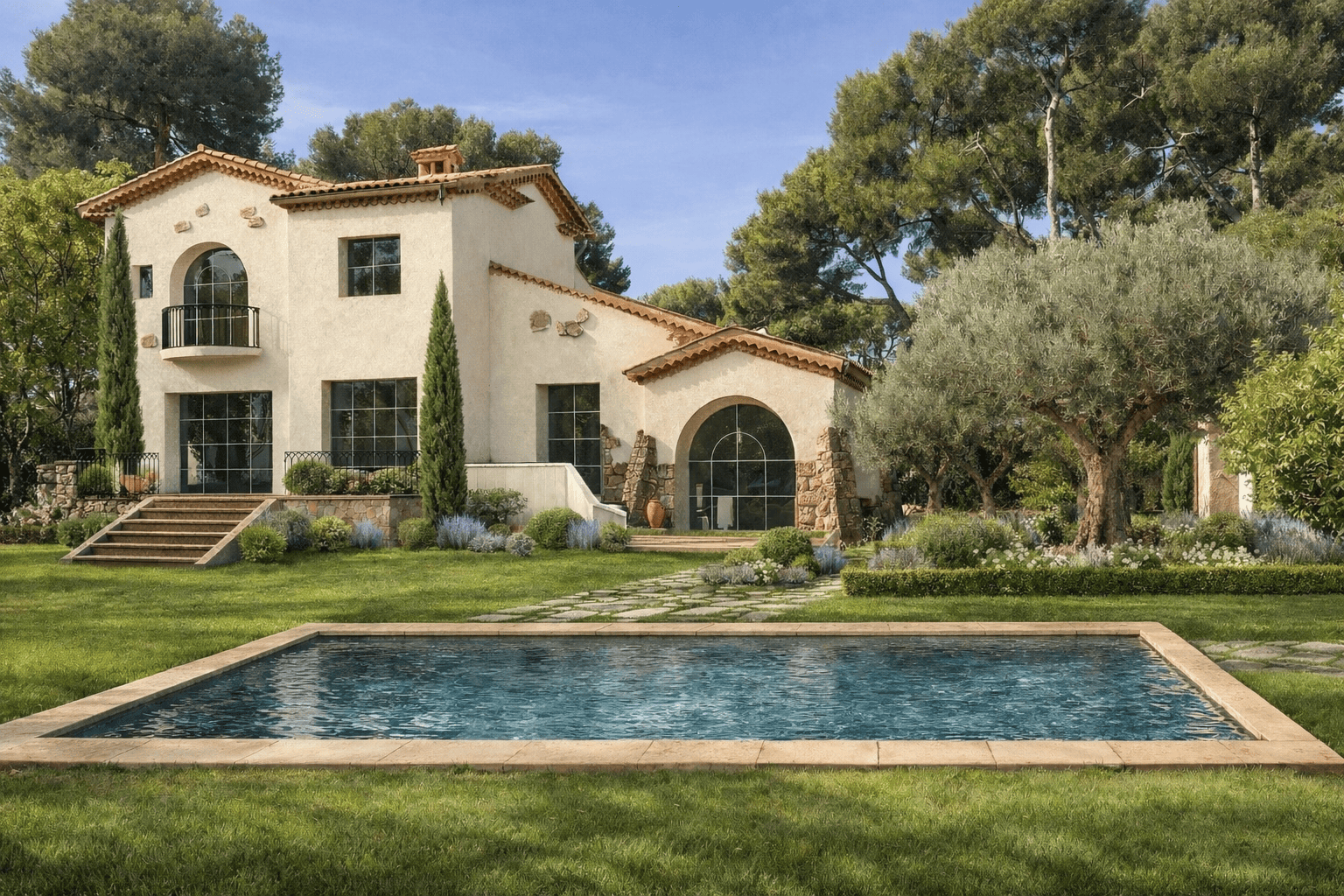 Maison de style méditerranéen avec jardin, piscine et arbres