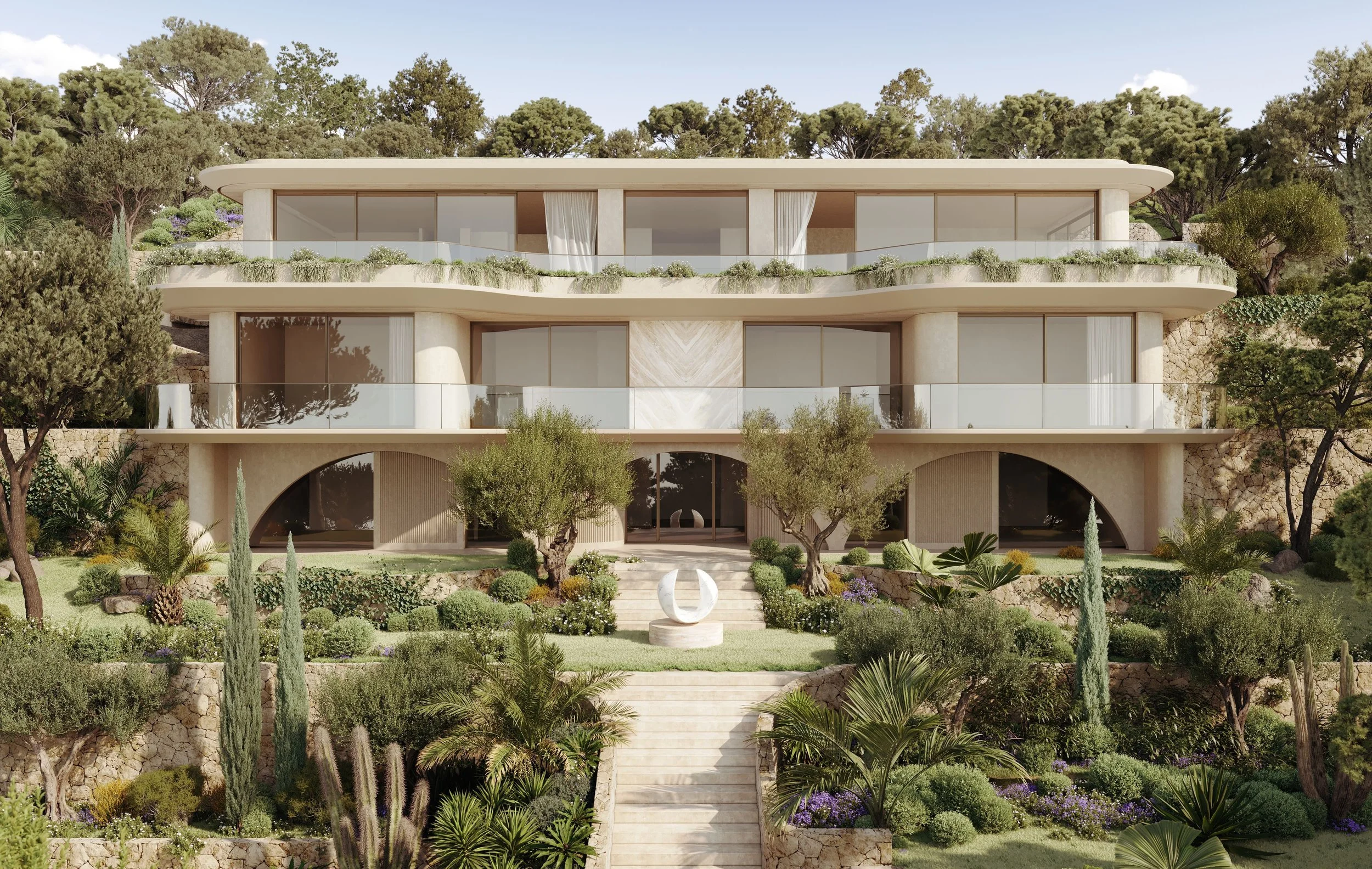 Une maison moderne avec plusieurs étages, entourée de jardins luxuriants et de nombreux arbres, avec un escalier menant à l'entrée principale.