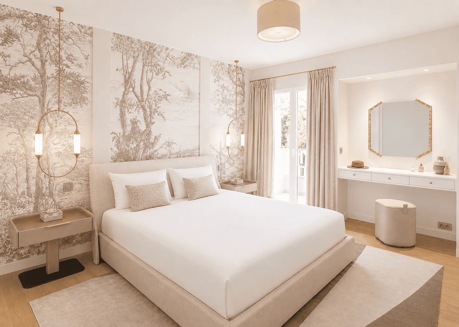 Chambre élégante avec un lit king-size, papier peint à motifs d'arbres, deux lampes suspendues, une porte-fenêtre avec draps clairs, une coiffeuse avec miroir, accessoires déco et une banquette