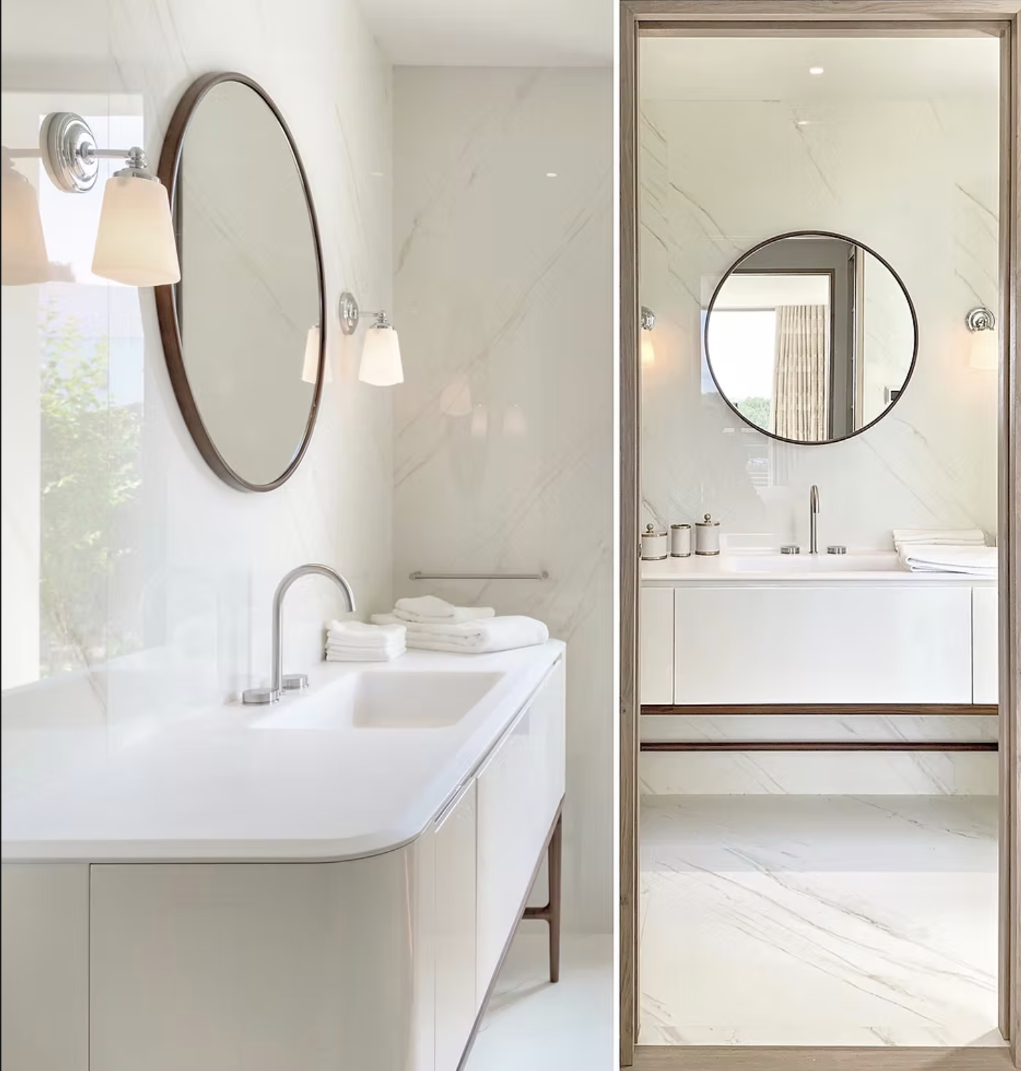 Salle de bain moderne avec miroir rond, lavabo, toilette, et fenêtre avec vue sur l'extérieur.