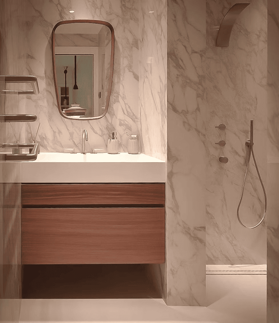 Une salle de bain moderne avec un lavabo en bois, un miroir oval et une paroi en marbre avec une douche.