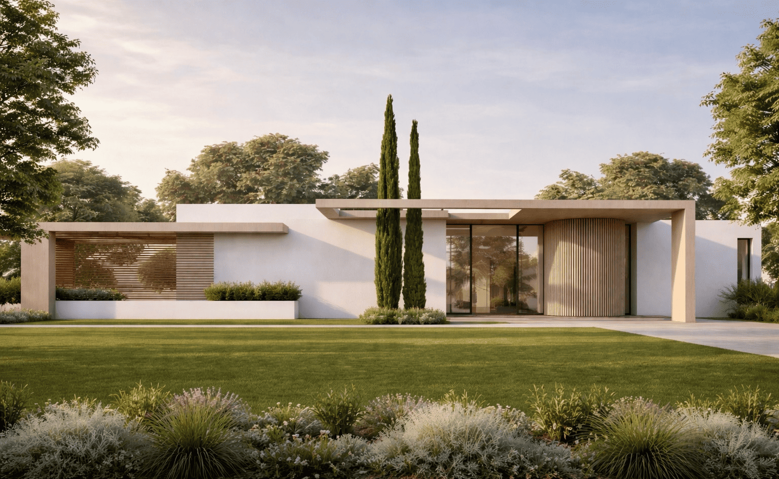 Une maison moderne avec une façade blanche, deux grands jasmins au centre, des fenêtres en verre, un toit plat, entourée d'un jardin bien entretenu avec des arbustes et une pelouse verte.