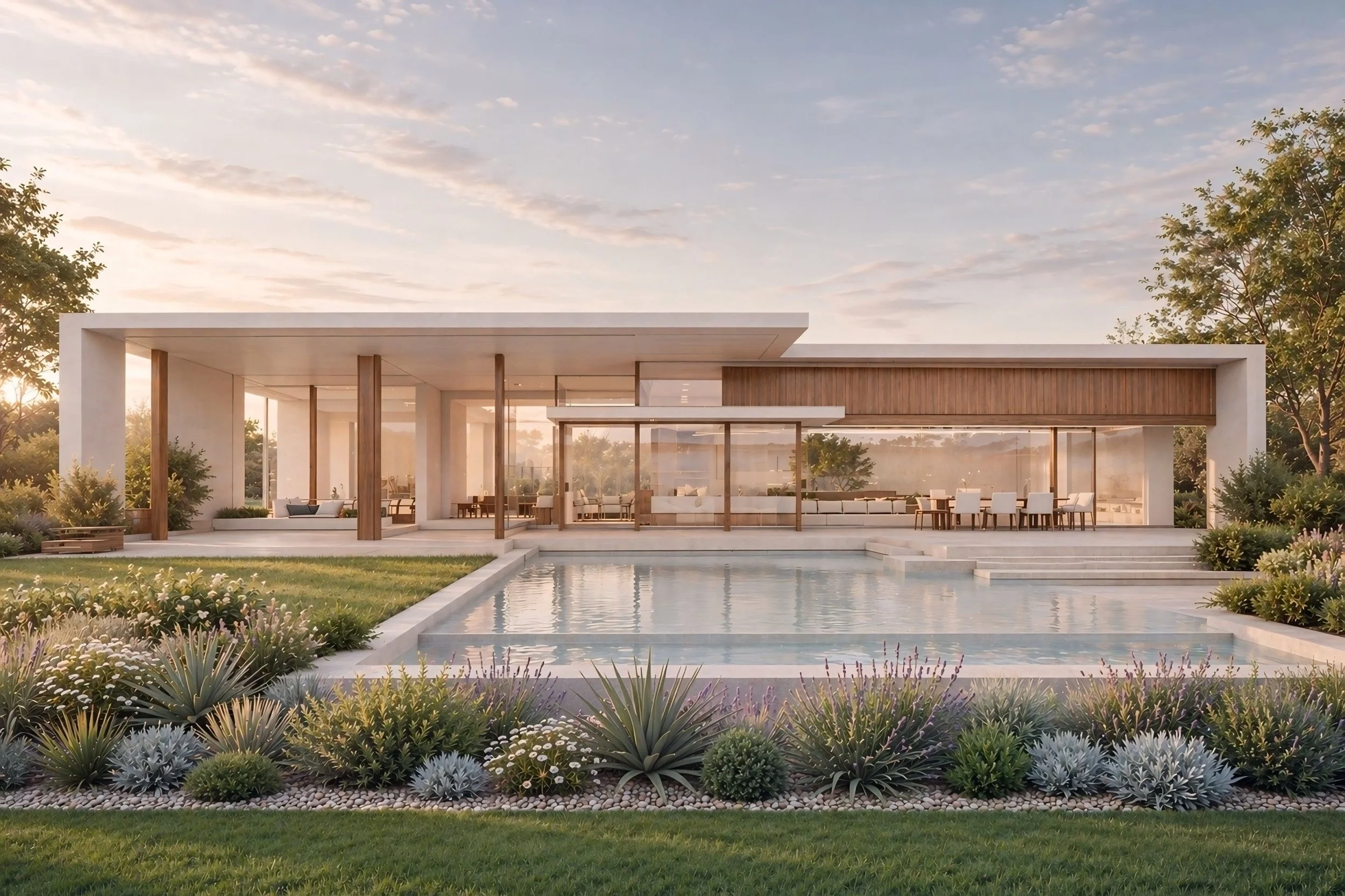 Maison moderne avec grande terrasse, piscine et jardin bien entretenu, au coucher du soleil.