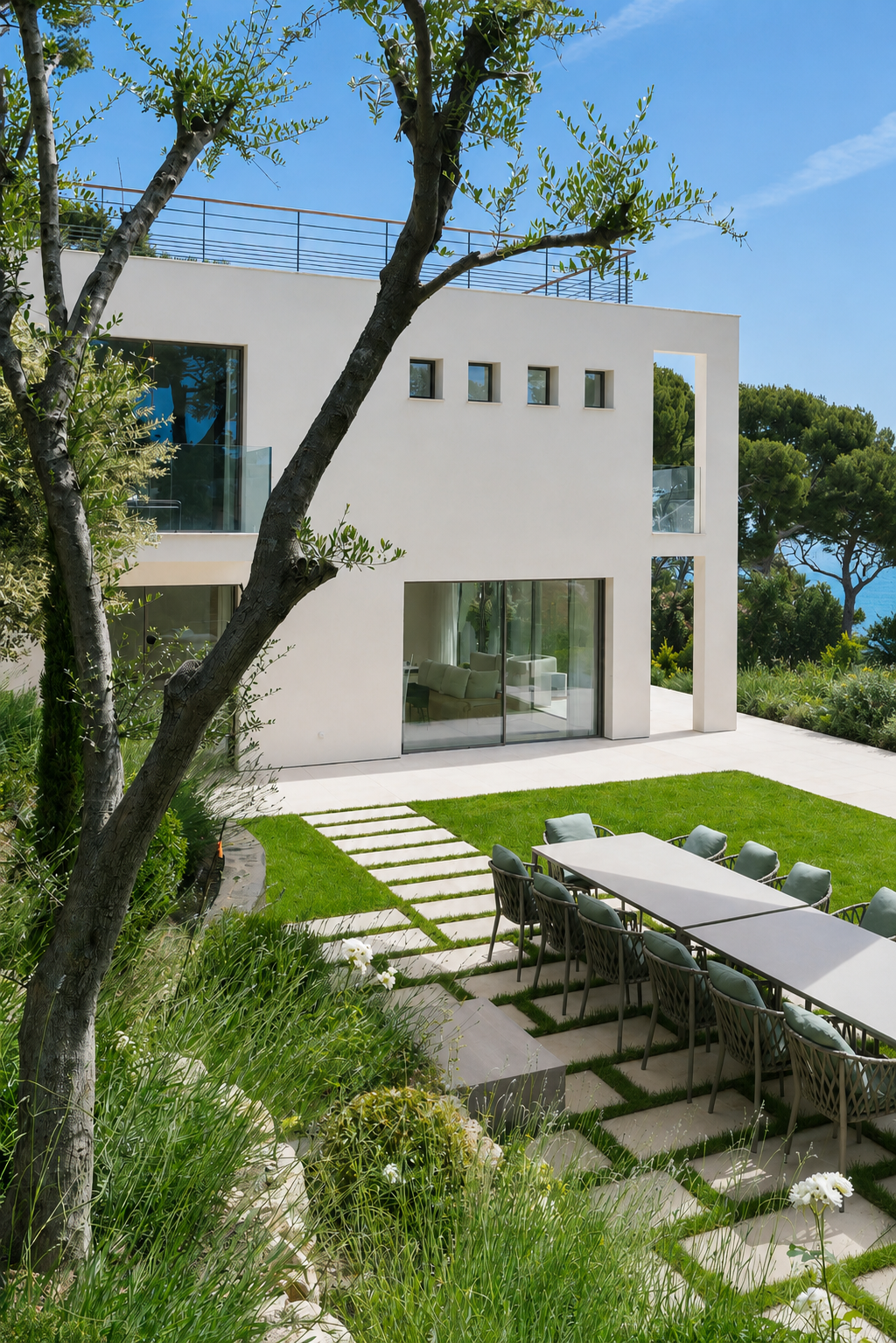 Maison moderne blanche avec grande terrasse en plein air, mobilier de jardin, arbres et vue sur la mer en arrière-plan.